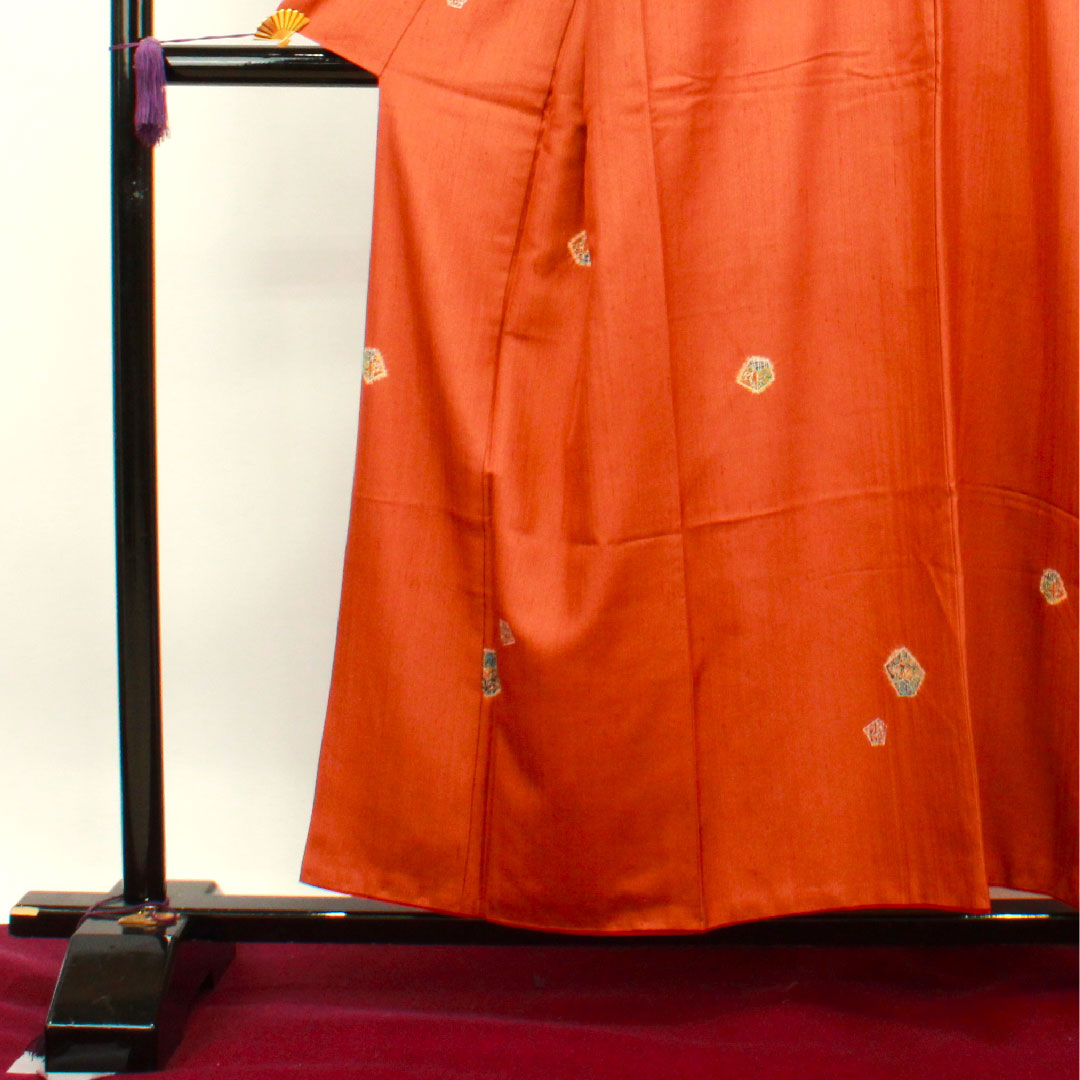 Tsumugi, Length 157cm, Sleeve length 65cm, Orange, Abstract pattern, Pure silk, S rank, Lined, Brown, 1116002802314