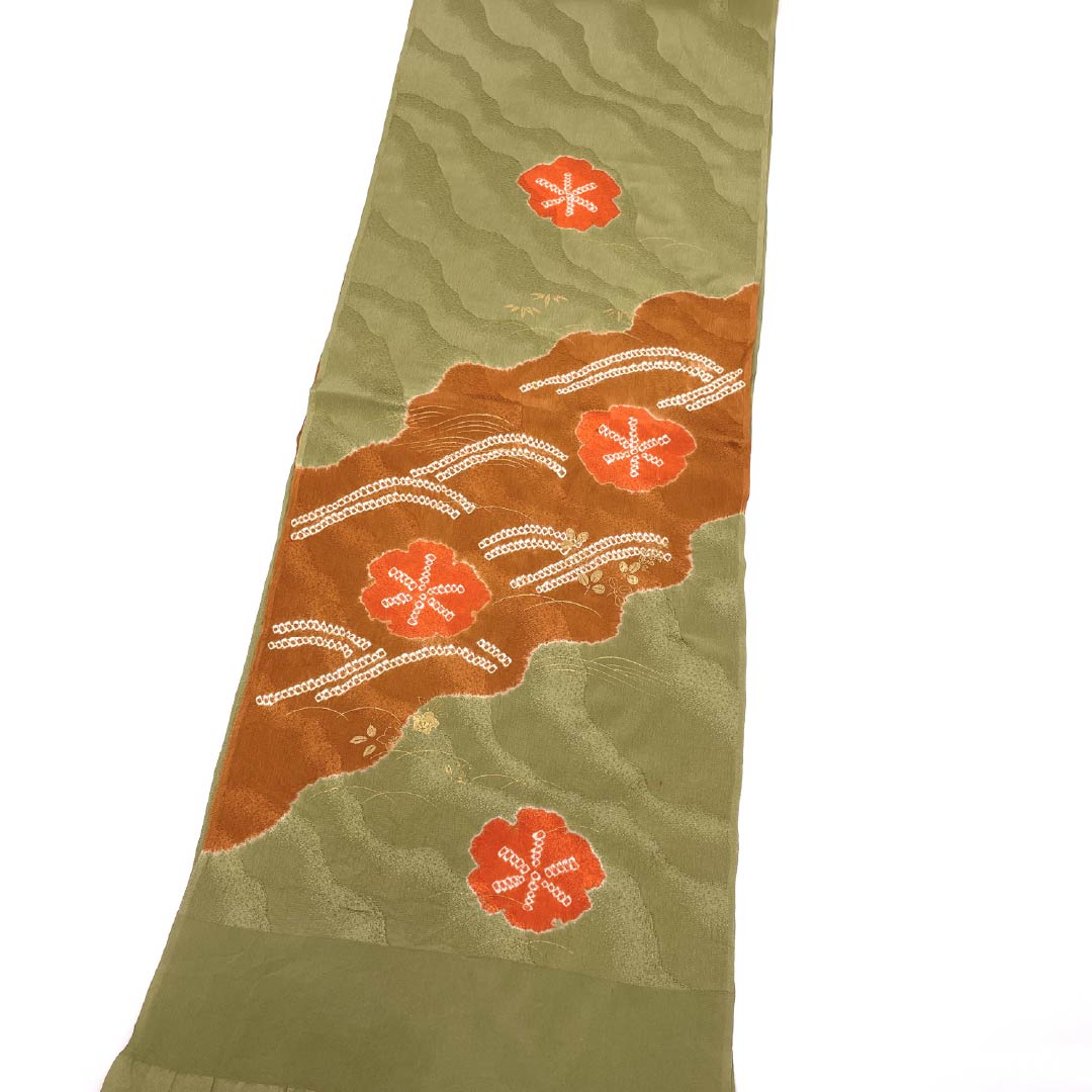 Obiage Silk A Rank Semi-Formal Kimirucha (Brownish-yellow with a hint of green) Partial Shibori Plum Hagi Length approx. 171cm Width approx. 28cm Green-toned 1136002963919