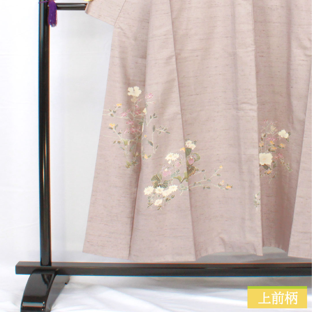 Homongi (formal kimono) made of pure silk, lined, length 151.5cm, sleeve length 61cm, dull purple, pongee fabric, cow-neck pongee, floral pattern, S rank, purple, 1112005332220
