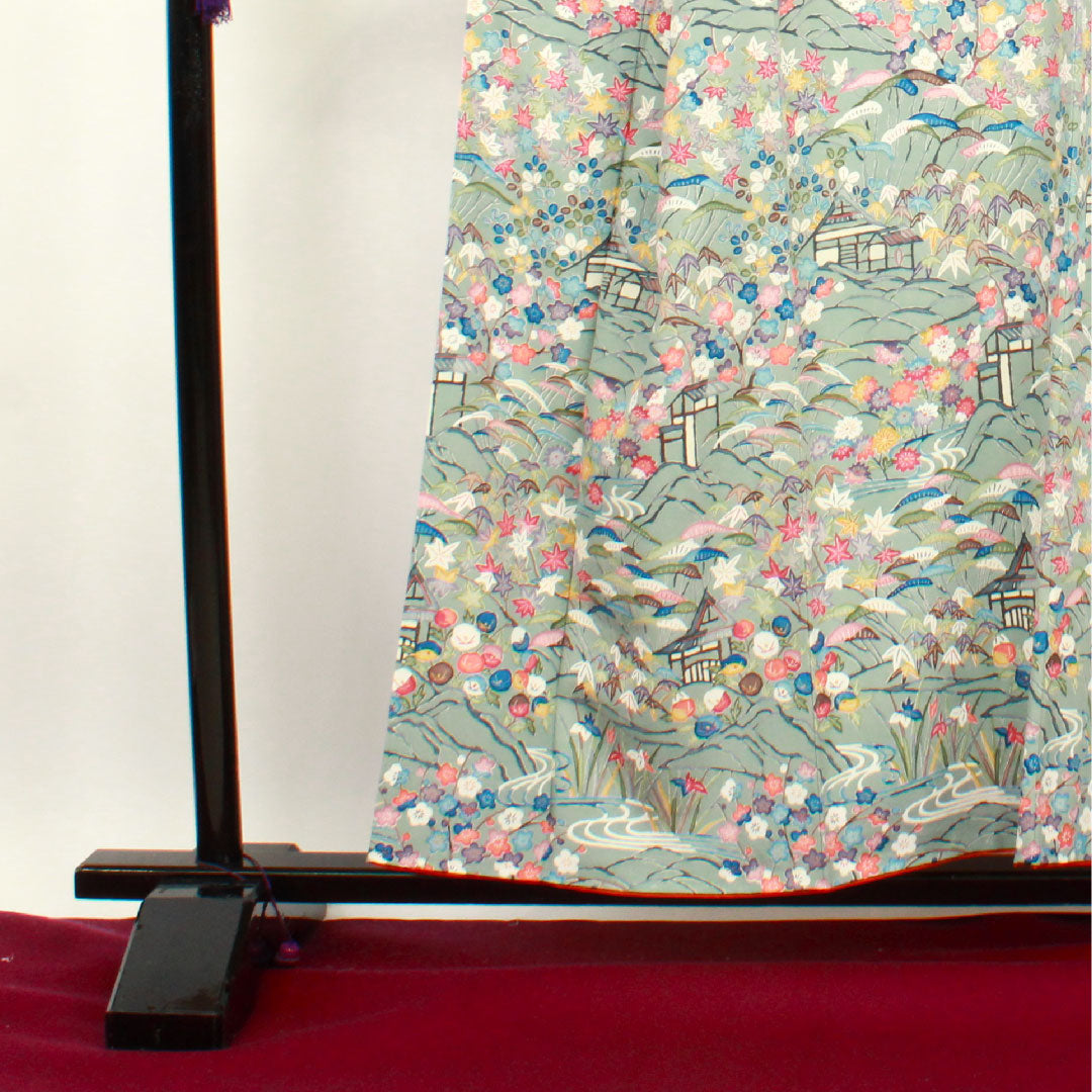 訪問着 袷 身丈155.5cm 裄丈62cm 沈香茶色 型染 茶屋辻 草花模様 正絹 Aランク グレー系 1112001783322