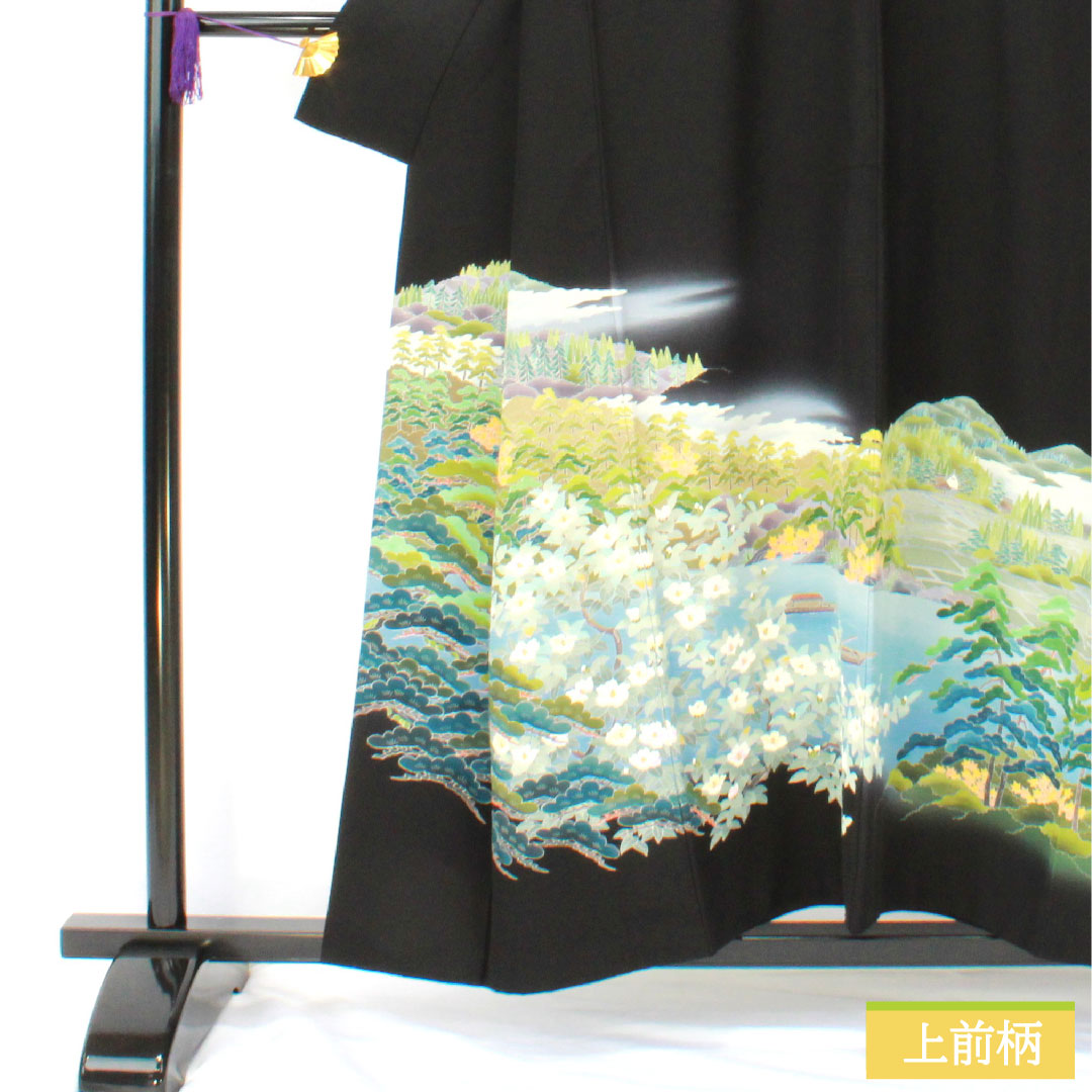 黒留袖 正絹 身丈154.5cm 裄丈62.5cm 袷 京加賀友禅 風景模様 五つ紋 三ツ重ね松 Aランク 黒系 1111001713210