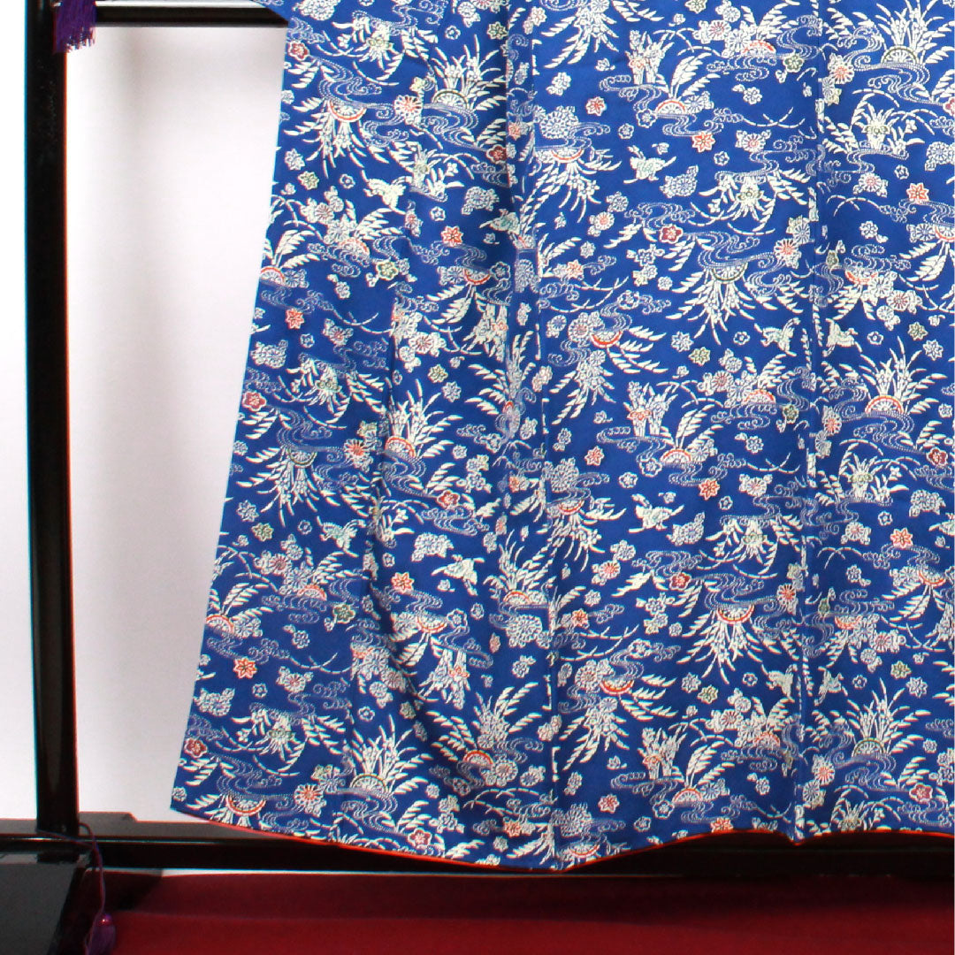 小紋 身丈157.5cm 裄丈61cm 袷 瑠璃紺色 型染 草花模様 正絹 Sランク 青系 1115002202317