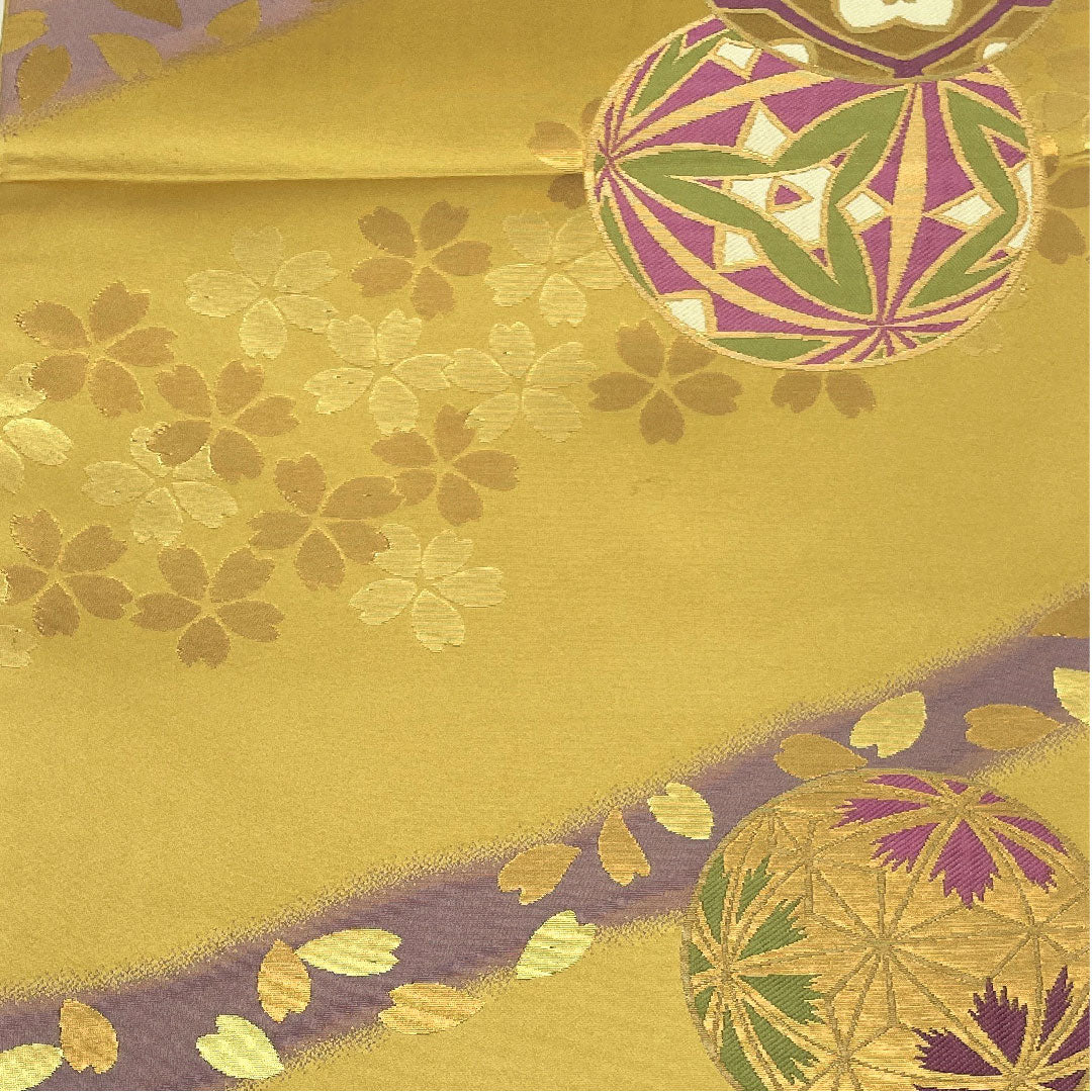 袋帯 桑染色(くわぞめいろ) 振袖用 桜 毬 帯丈444cm 正絹 Aランク 六通 フォーマル 金系 1123005183321