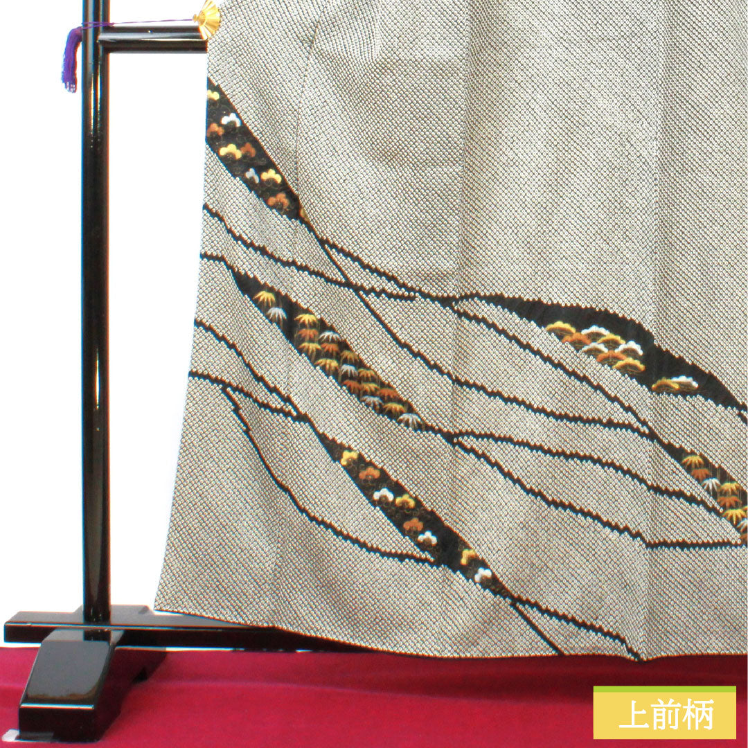 訪問着 正絹 袷 身丈160cm 裄丈63cm 総絞り 松竹梅 Sランク 黒系 1112004642410