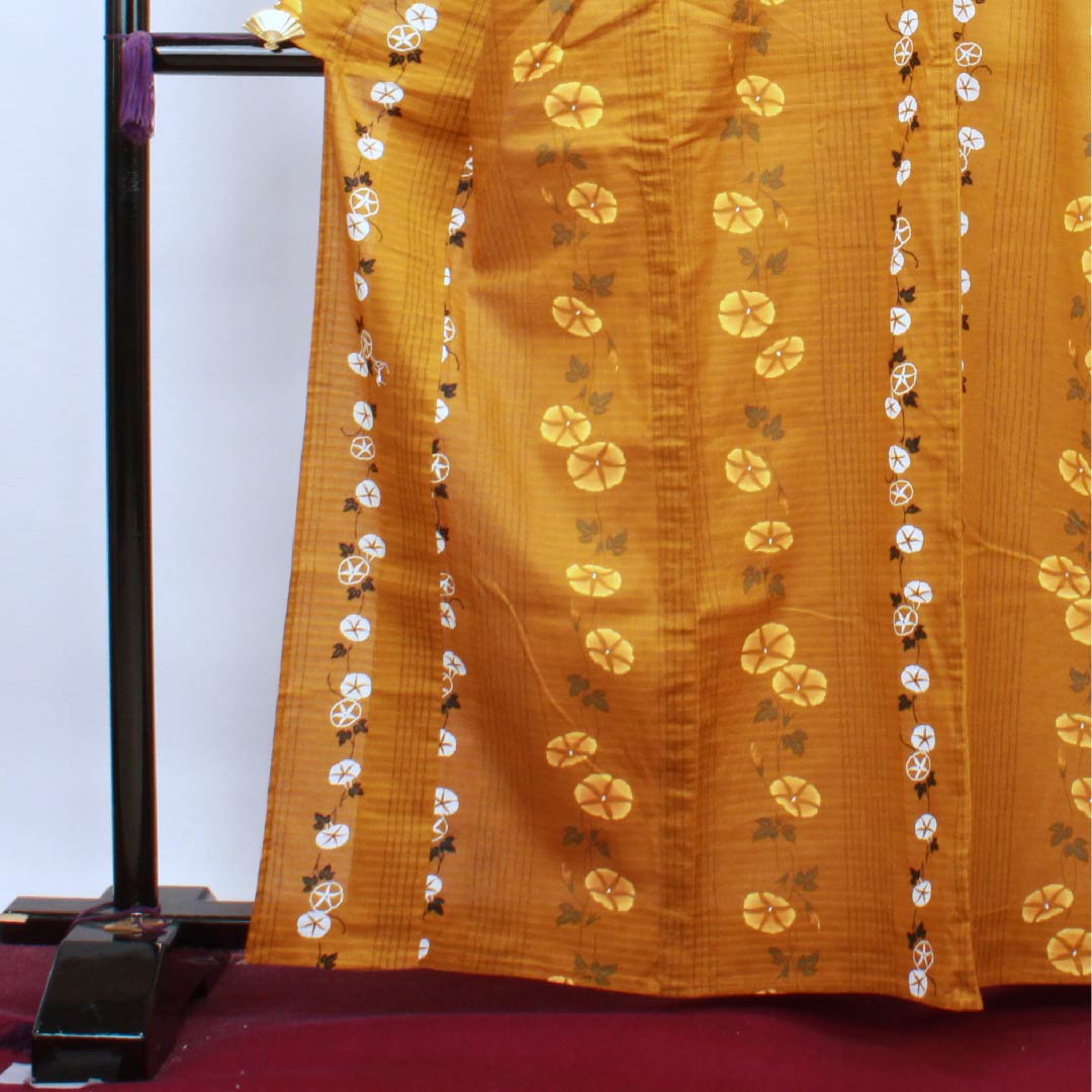 浴衣 金黄色 朝顔 木綿 Sランク 単衣 身丈163.5cm 裄丈65.5cm 茶系 1118004042414