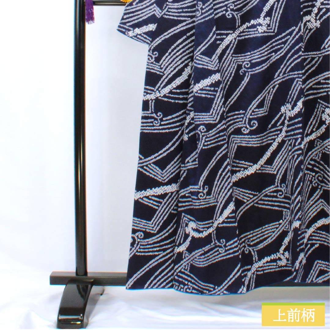 小紋 正絹 身丈158.5cm 裄丈64.5cm 袷 絞り 抽象柄 Aランク 紺系 1115005713318