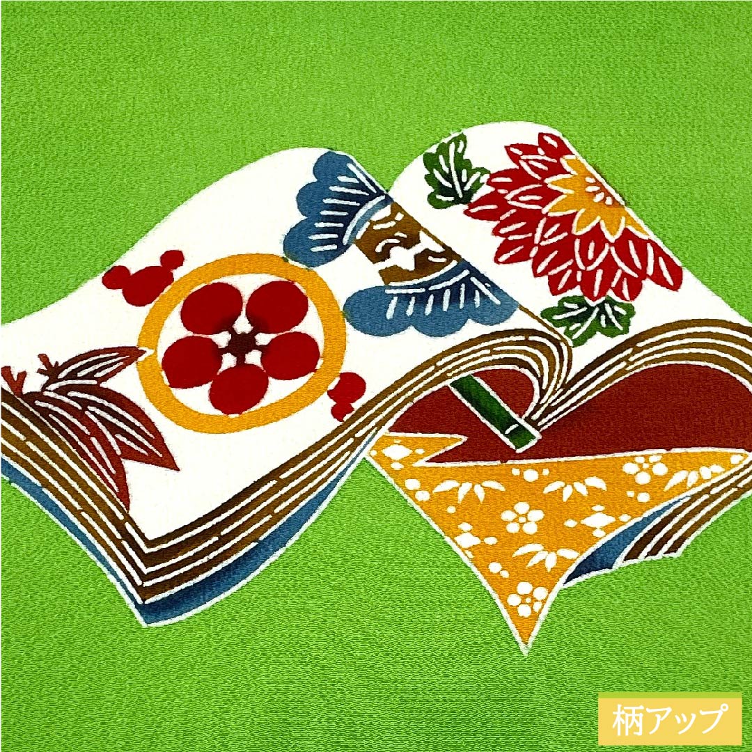 名古屋帯 若草色 型染 京紅型 松 狂言紋 和本 ちりめん地 帯丈378.5cm 正絹 Aランク ポイント柄 カジュアル 緑系 1124005793319 名古屋仕立て