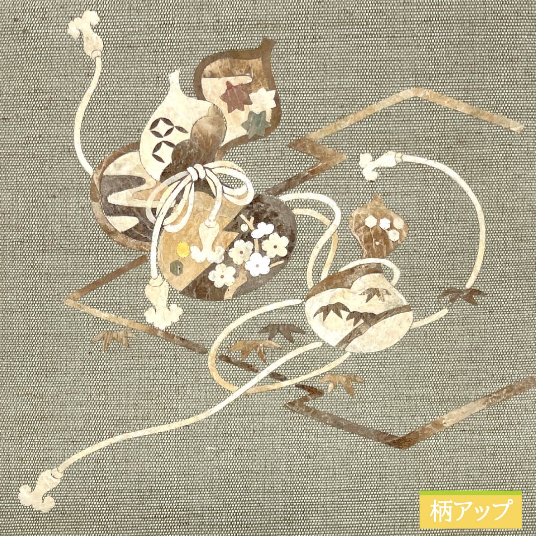 名古屋帯 灰緑色(はいみどりいろ) 作家物 みのむし ぜんまい 帯丈385cm 正絹 Sランク ポイント柄 カジュアル 緑系 1124007062419 松葉仕立て