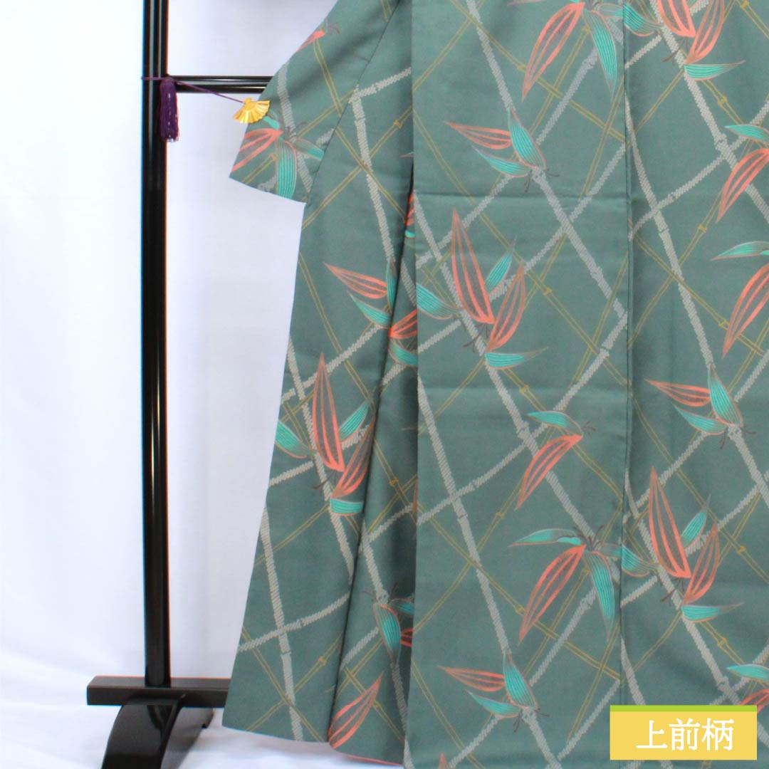 小紋 ポリエステル Aランク 身丈166.5cm 裄丈66cm 袷 湊煤竹色(みなとすすたけいろ) 竹 洗える着物 緑系 1115007453519