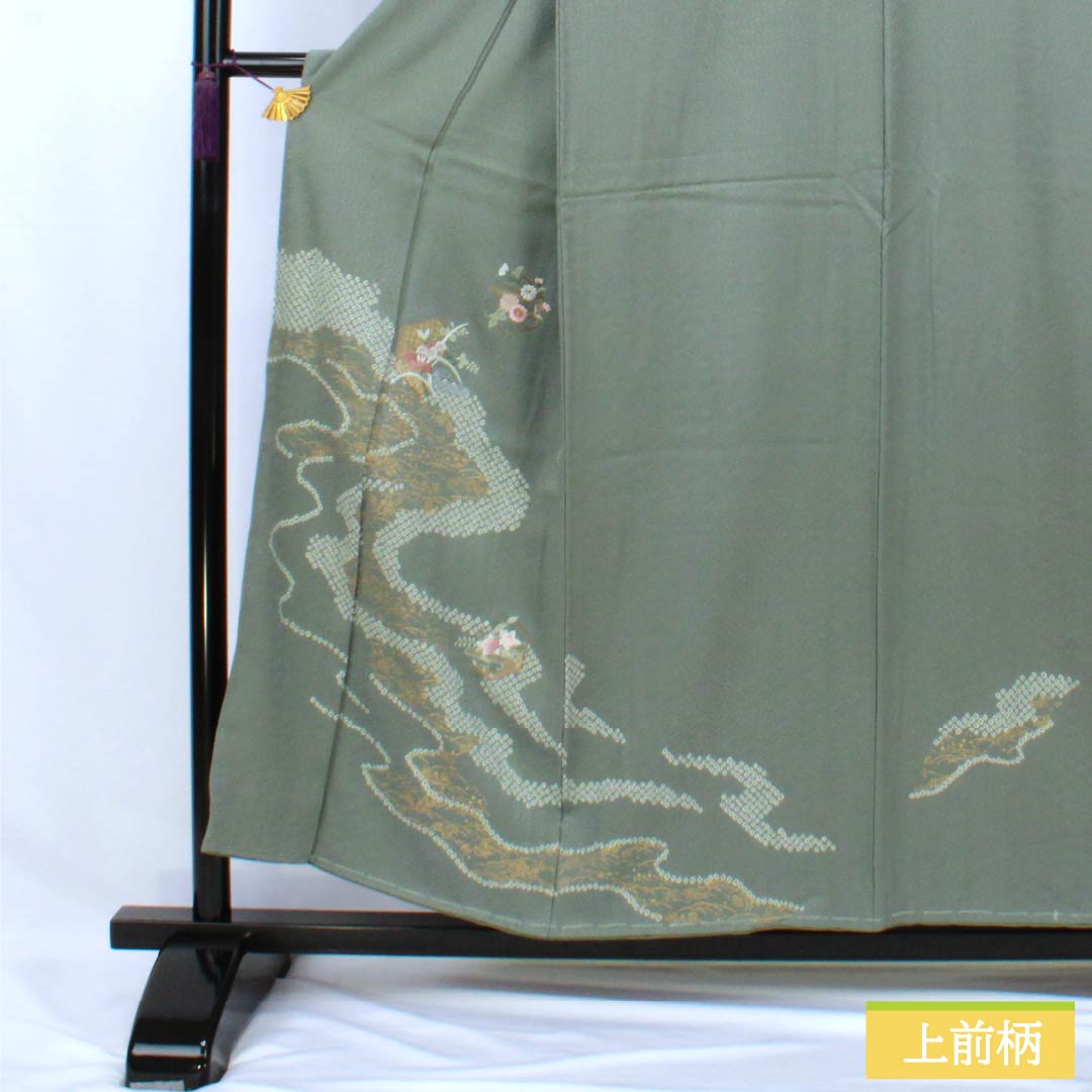 Visiting Kimono (Homongi) - Pure Silk, S-Rank, Lined, Length 153.5cm, Sleeve Length 62.5cm, Fukagawa Nezuiro (Fukagawa Gray), Shibori (Dyed Tie), Suzhou Embroidery, Saaya Pattern, Flowing Water, Small Flowers, Green, Product Number: 1112007112219
