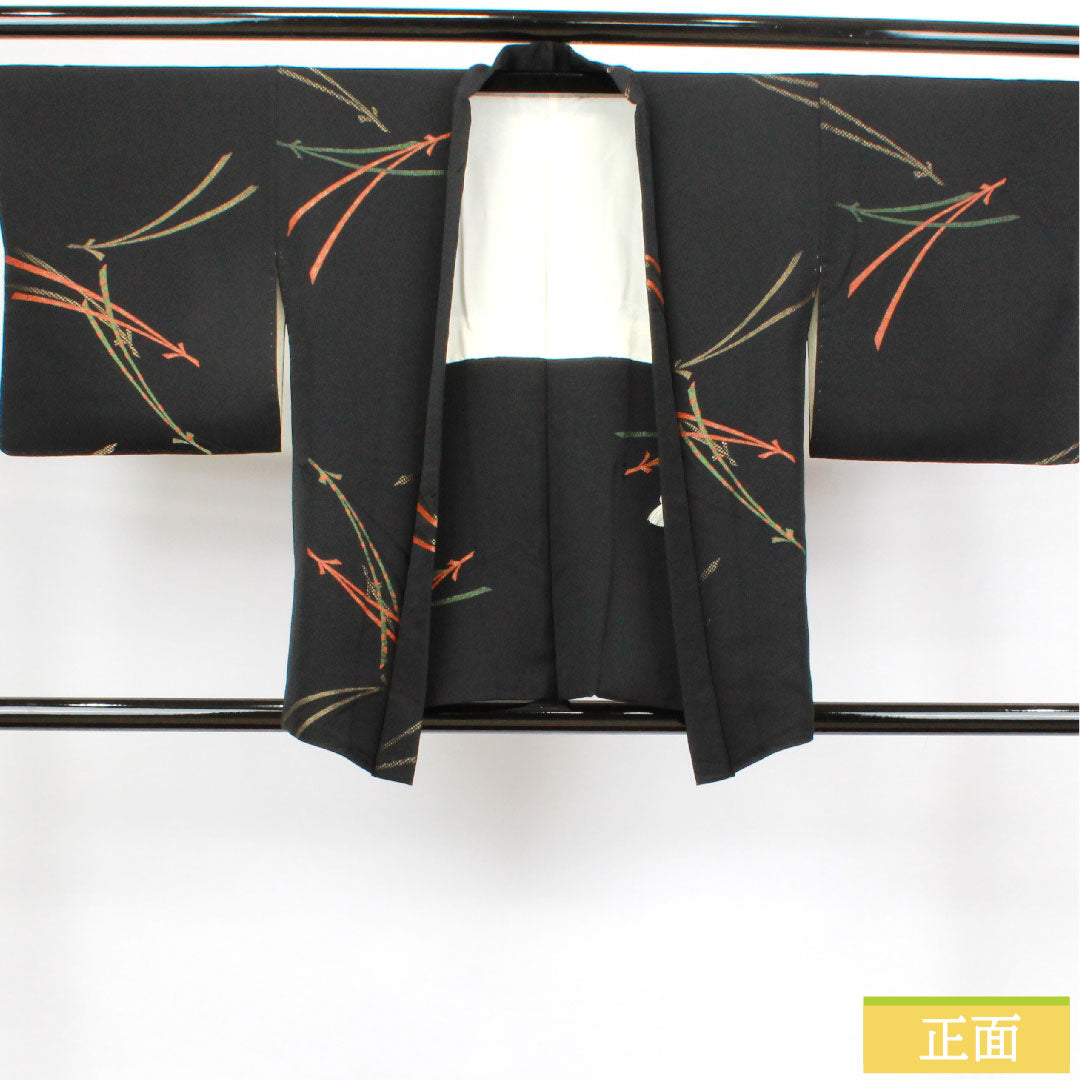 羽織 正絹 身丈78cm 裄丈63.5cm 黒羽織 松葉 一つ紋 桔梗に三つ鱗 Sランク 袷 黒系 1117000822910