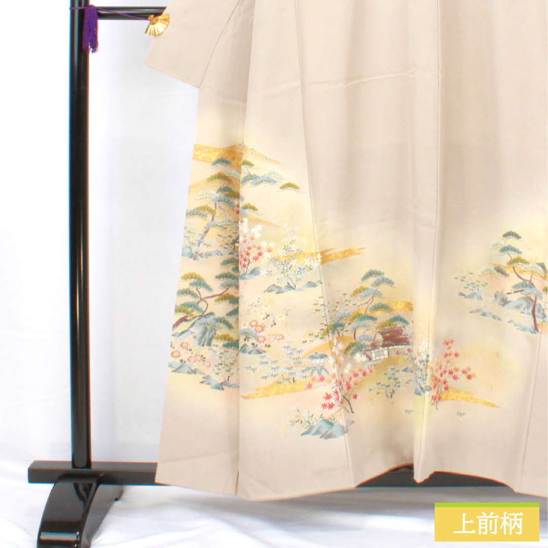 色留袖 正絹 身丈157cm 裄丈63cm 袷 白茶色(しらちゃいろ) 京友禅 作家物 銀閣寺 五つ紋 木瓜 Aランク ベージュ系 1111001553325