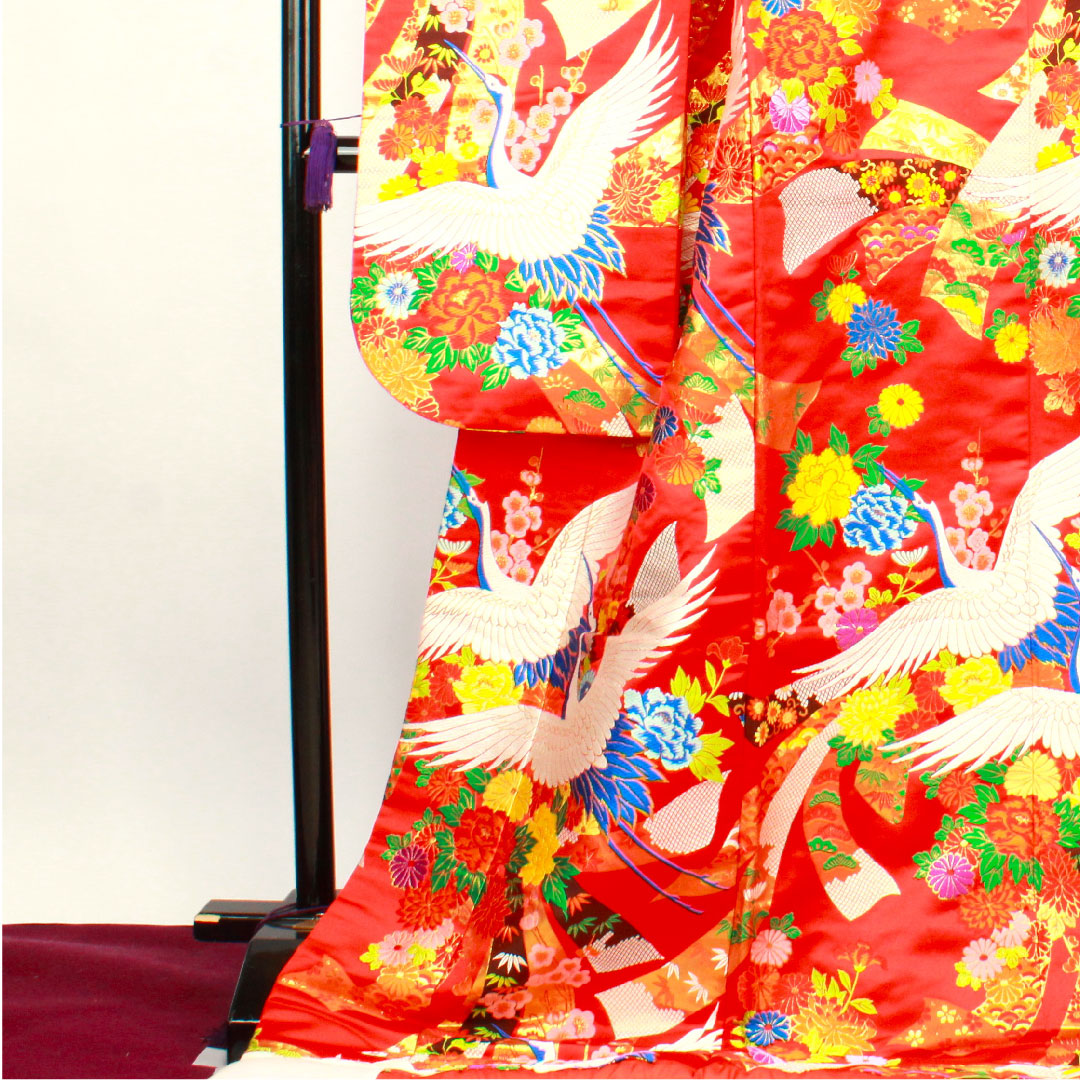 色打掛 身丈193cm 緋色 唐織 熨斗 鶴 正絹 Aランク 袷 朱系 1110000273916