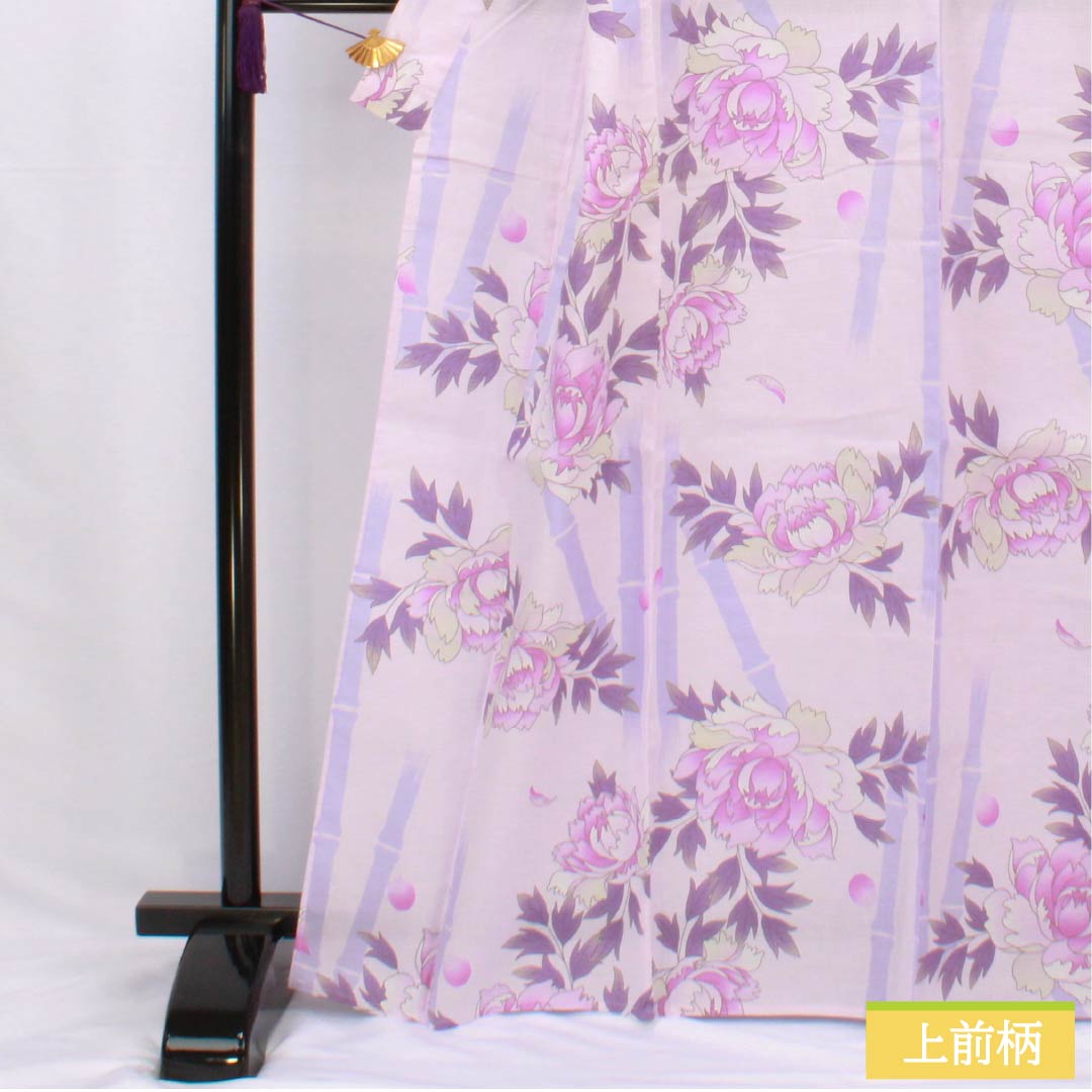 浴衣 木綿 身丈166cm 裄丈67.5cm Aランク 単衣 紫系 淡藤色(うすふじいろ) 牡丹 竹 1118006053520