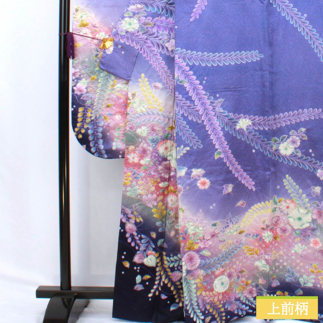振袖 正絹 Bランク 身丈164cm 裄丈64.5cm 袷 竜胆色(りんどういろ) 京友禅 辻ヶ花 銀通し 絞り ソフトガード加工 紫系 1113002134420