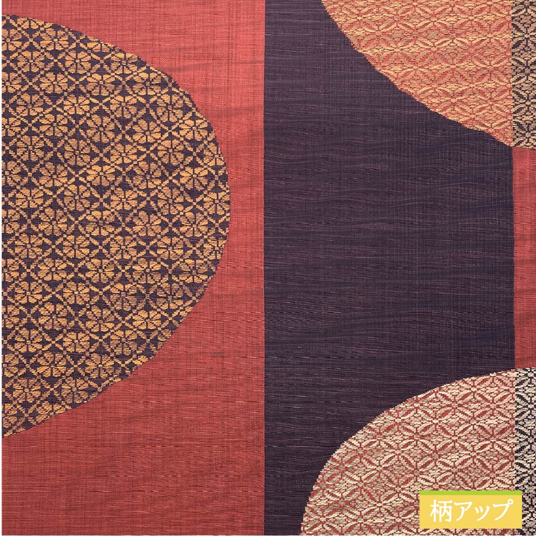 袋帯 正絹 生臙脂色(しょうえんじいろ) 紫烏色色(しうしょくいろ) 丸に七宝 丸に菊 帯丈436cm Sランク 六通 カジュアル 朱系 1123012502316