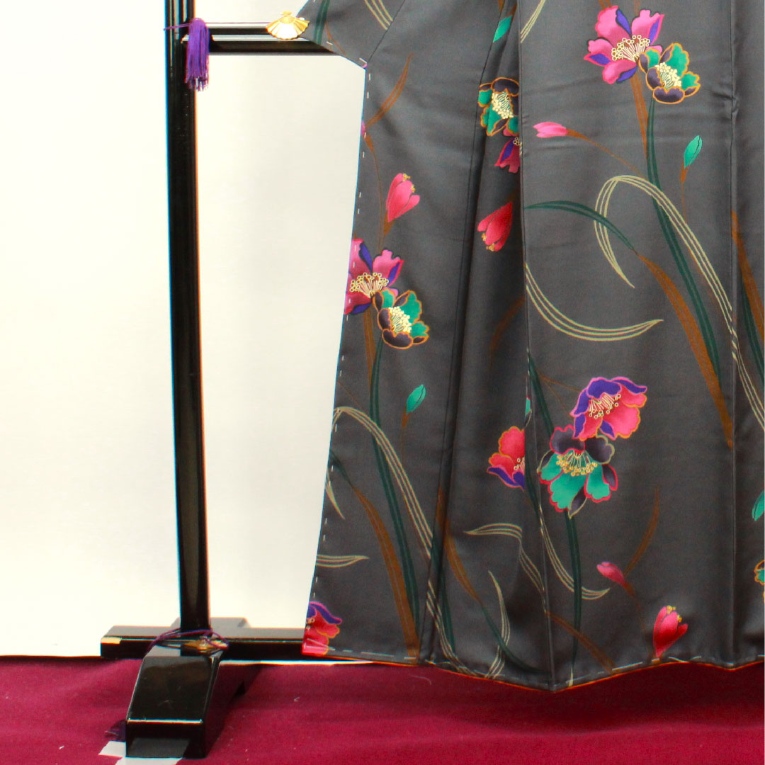 小紋 身丈158.5cm 裄丈64cm 袷 鋼色 しつけ糸付き 未使用品 手描き 京友禅 草花模様 正絹 Sランク グレー系 1115002902322