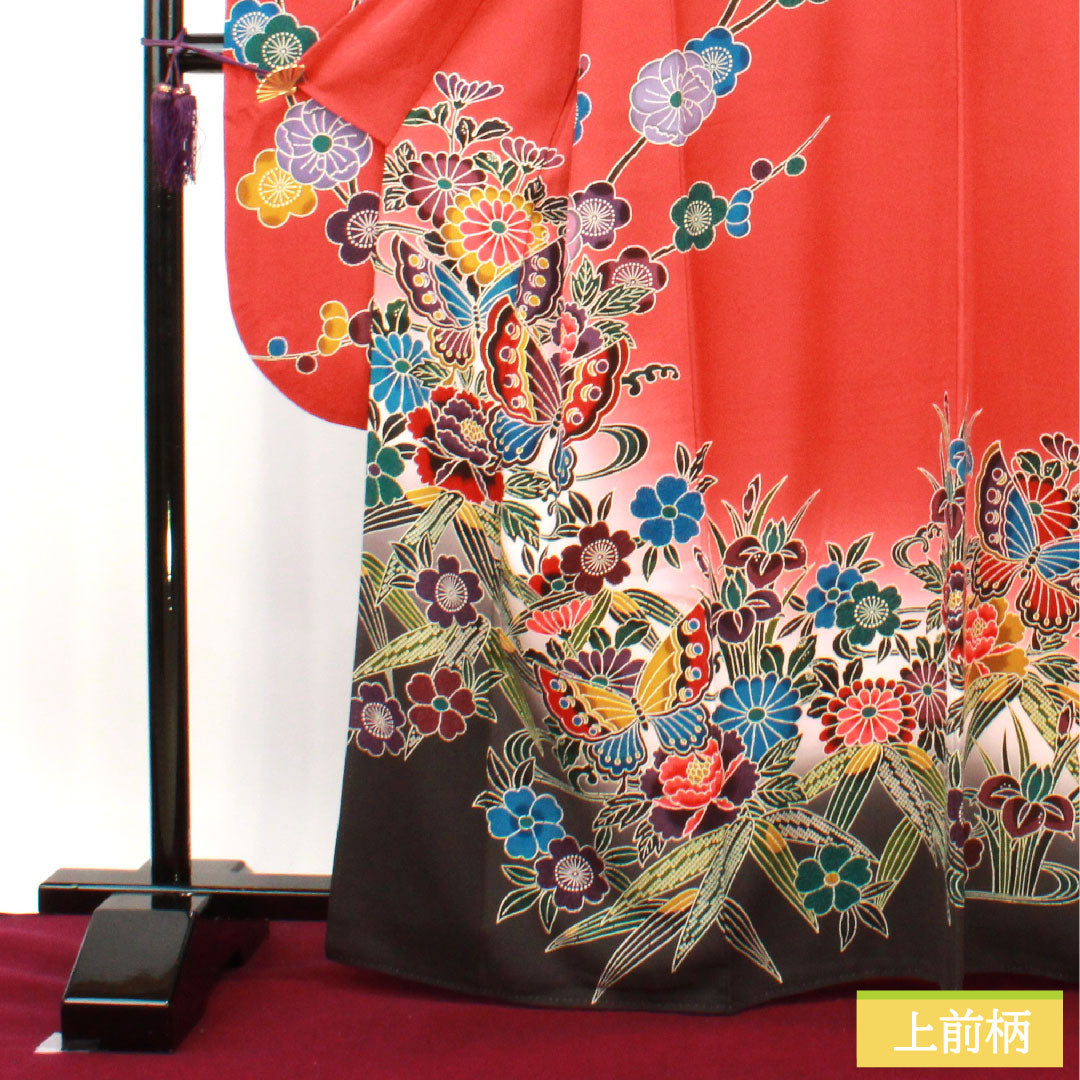 振袖 正絹 身丈165.5cm 裄丈67cm 袷 猩々緋色 京紅型 吉祥文様 Sランク 赤系 1113001962512