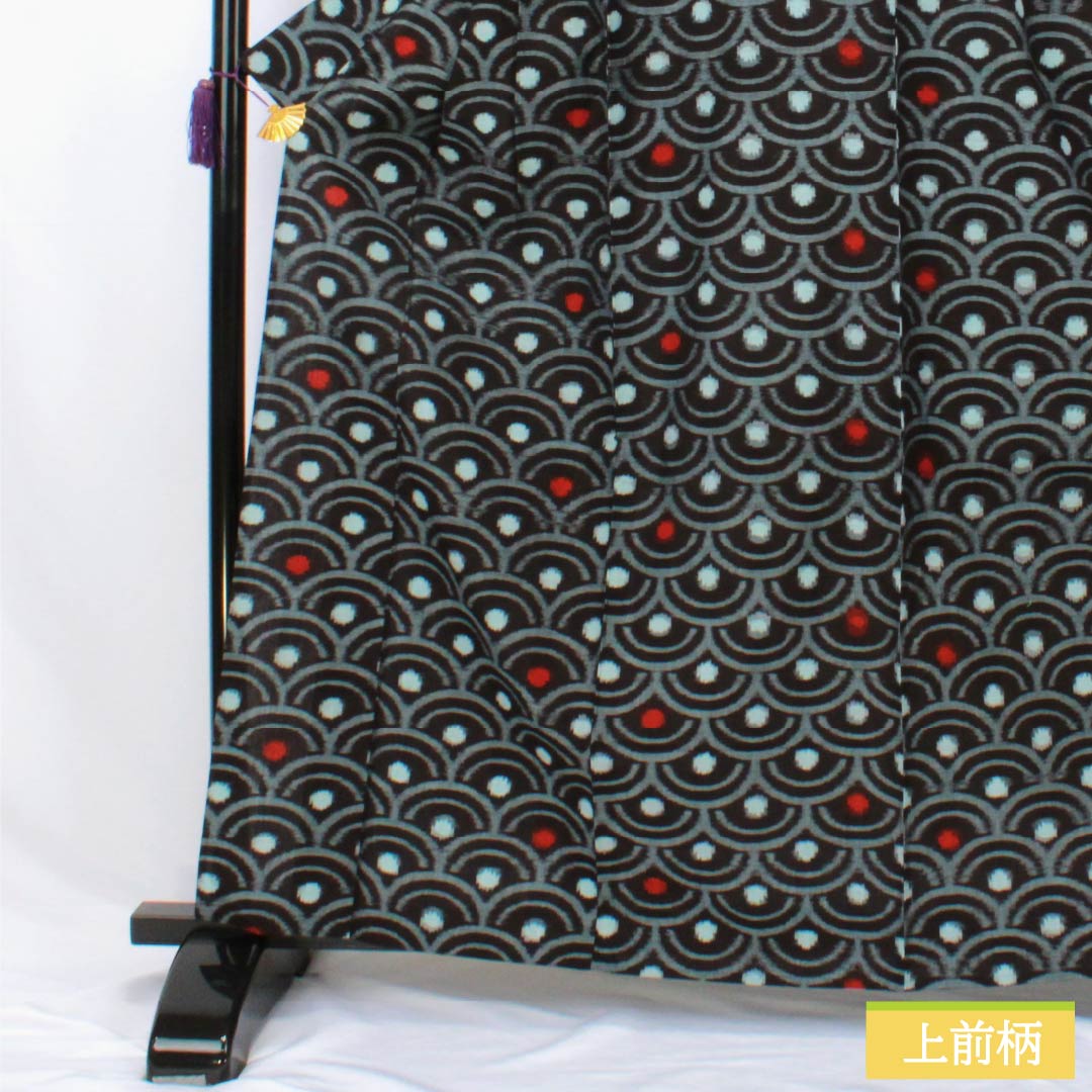 紬 木綿 Aランク 身丈164.5cm 裄丈66.5cm 久留米絣 青海波 単衣 紺系 1116004423418