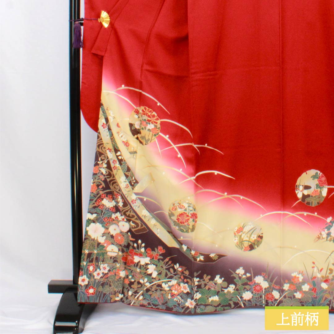 Furisode Kimono (Sleeve Kimono) - Pure Silk, S-Rank, Length 164.5cm, Sleeve Length 65.5cm, Lined, Deep Red, Kyoto Yuzen Pattern, Snow Circles, Dew Grass, Flowers, Red, Item Number: 1113002752412