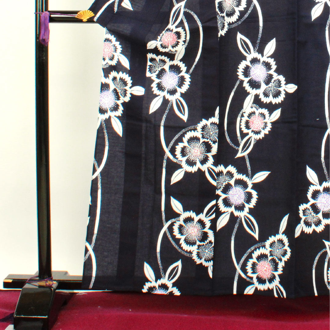 浴衣 しつけ糸付き 未使用品 褐色 撫子 木綿 Sランク 単衣 身丈162cm 裄丈64.5cm 紺系 1118002062418