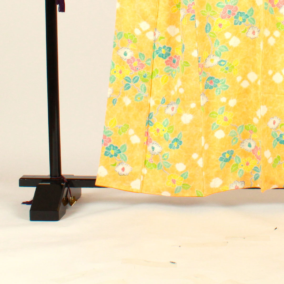 小紋 身丈159cm 裄丈63cm 袷 絞り 草花模様 正絹 Bランク 黄系 1115001924323