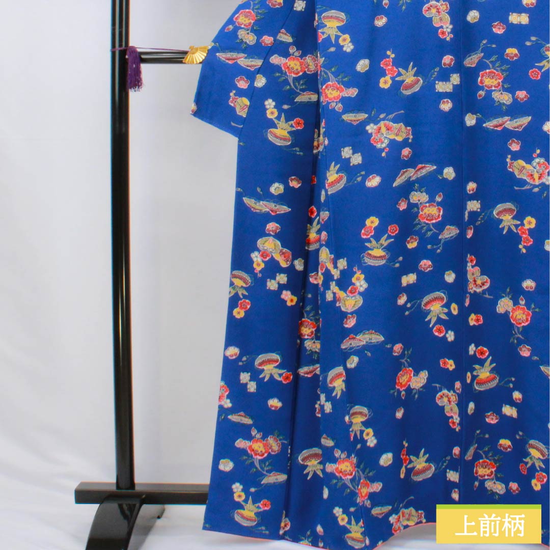 小紋 正絹 Sランク 身丈163.5cm 裄丈66cm 袷 瑠璃色(るりいろ) 型染 吉祥文様 青系 1115006892417