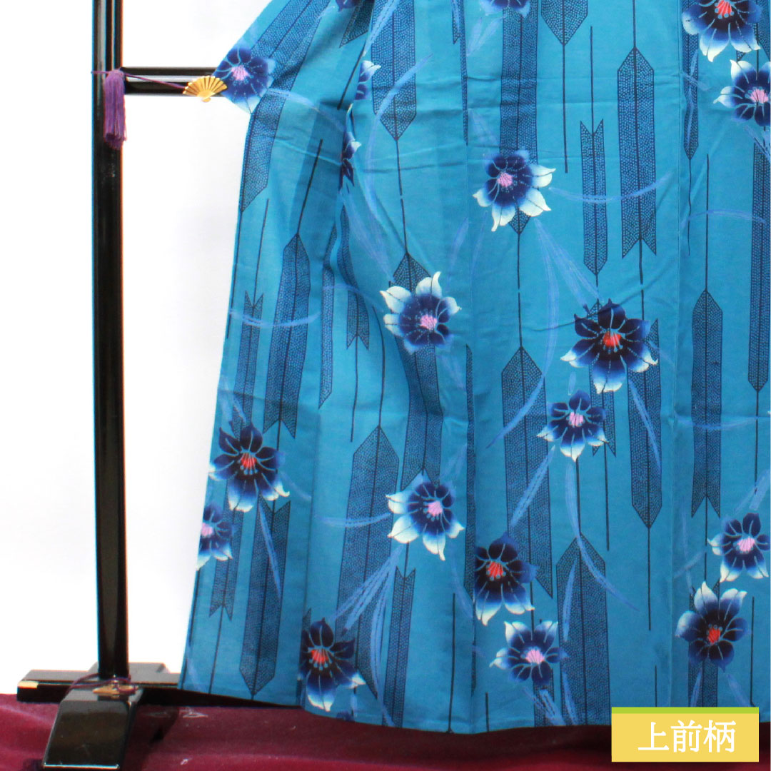 浴衣 木綿 身丈162.5cm 裄丈65.5cm Sランク 単衣 青系 舛花色(ますはないろ) 矢羽根 抽象花 1118004822417