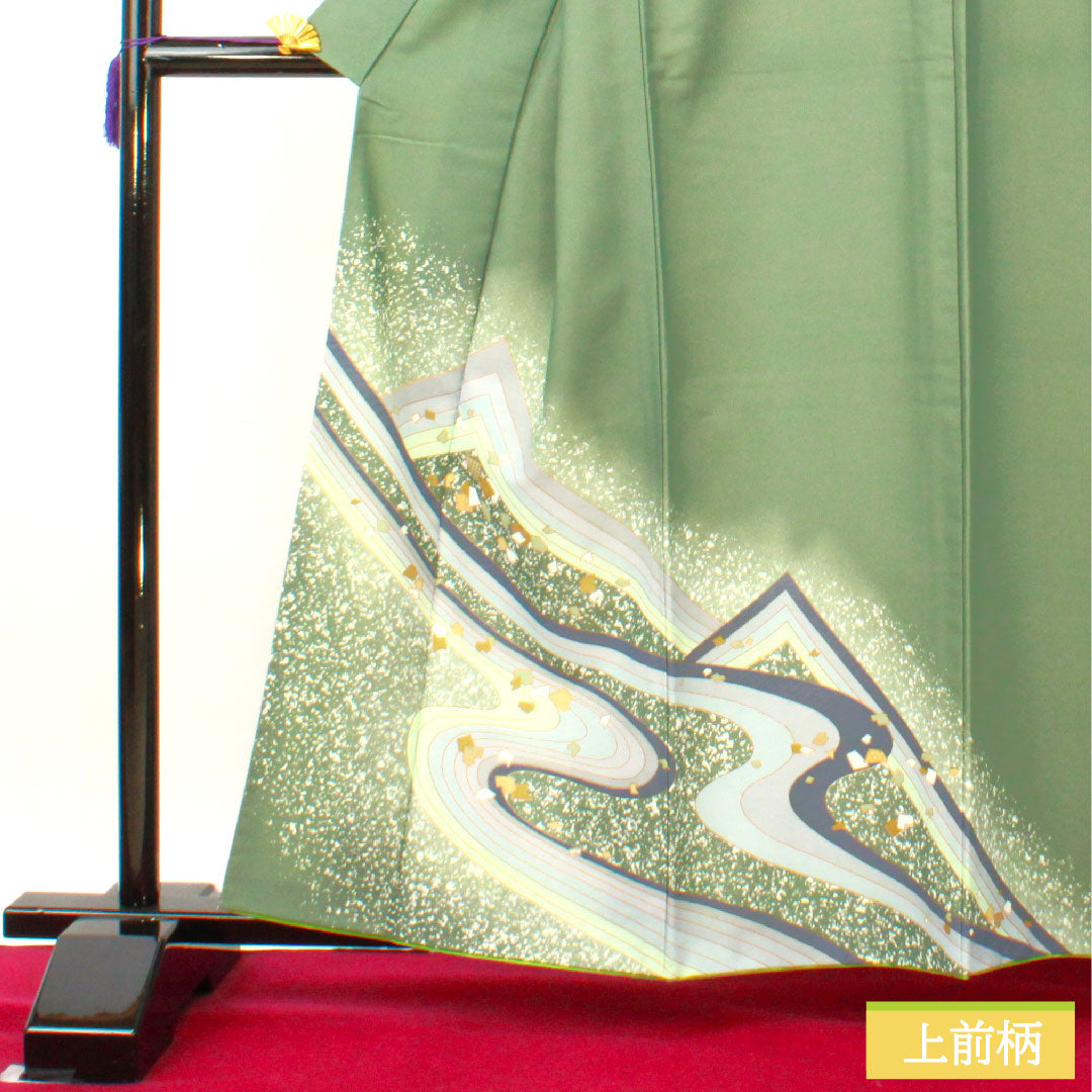 訪問着 ポリエステル 袷 身丈160.5cm 裄丈66cm 千種色(ちぐさいろ) 洗える着物 流水 Aランク 緑系 1112004603419