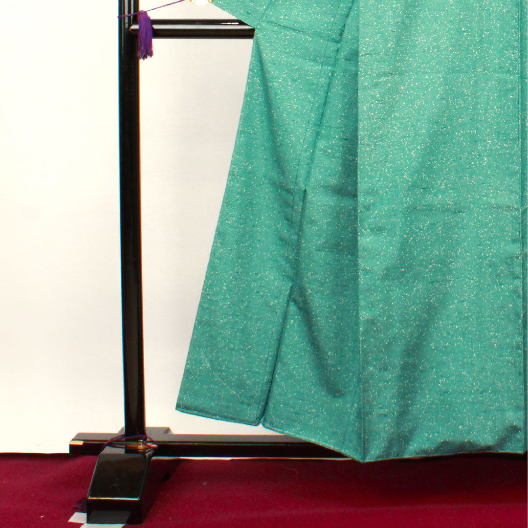牛首紬 身丈155.5cm 裄丈65.5cm 未使用品 しつけ糸付き 山藍摺色 タタキ染 丸に木瓜 正絹 Sランク 袷 緑系 1116002232319