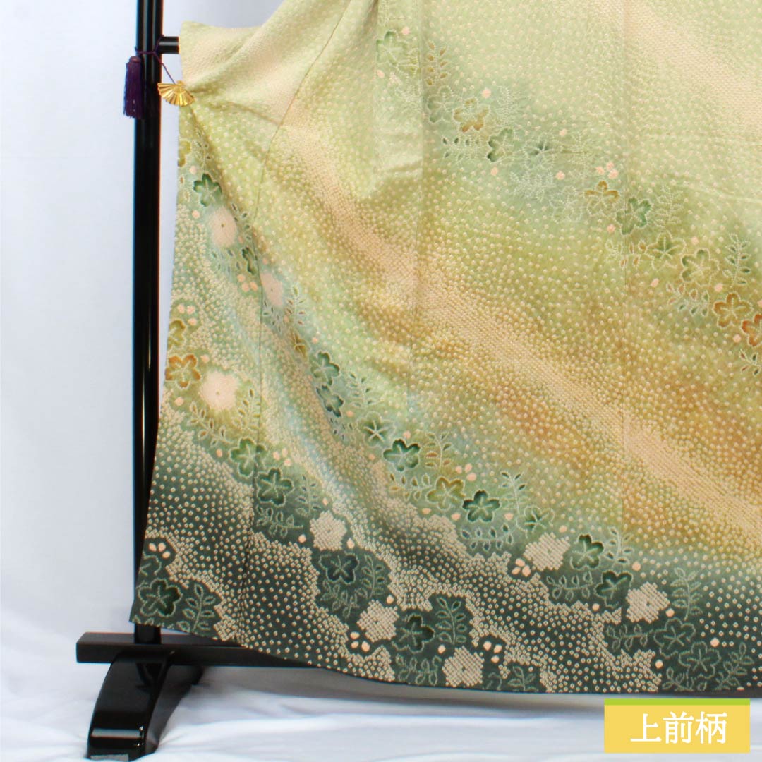 訪問着 正絹 Bランク 袷 身丈160.5cm 裄丈65.5cm 硫黄色(いおういろ) 総絞り 草花 緑系 1112007444419