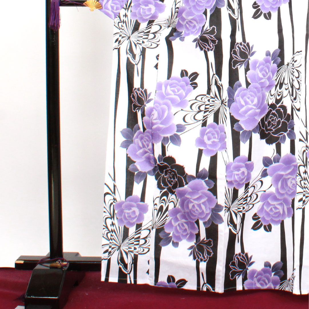 浴衣 モノトーン 蝶 薔薇 木綿 Sランク 単衣 身丈167cm 裄丈63.5cm 白系 1118001312511