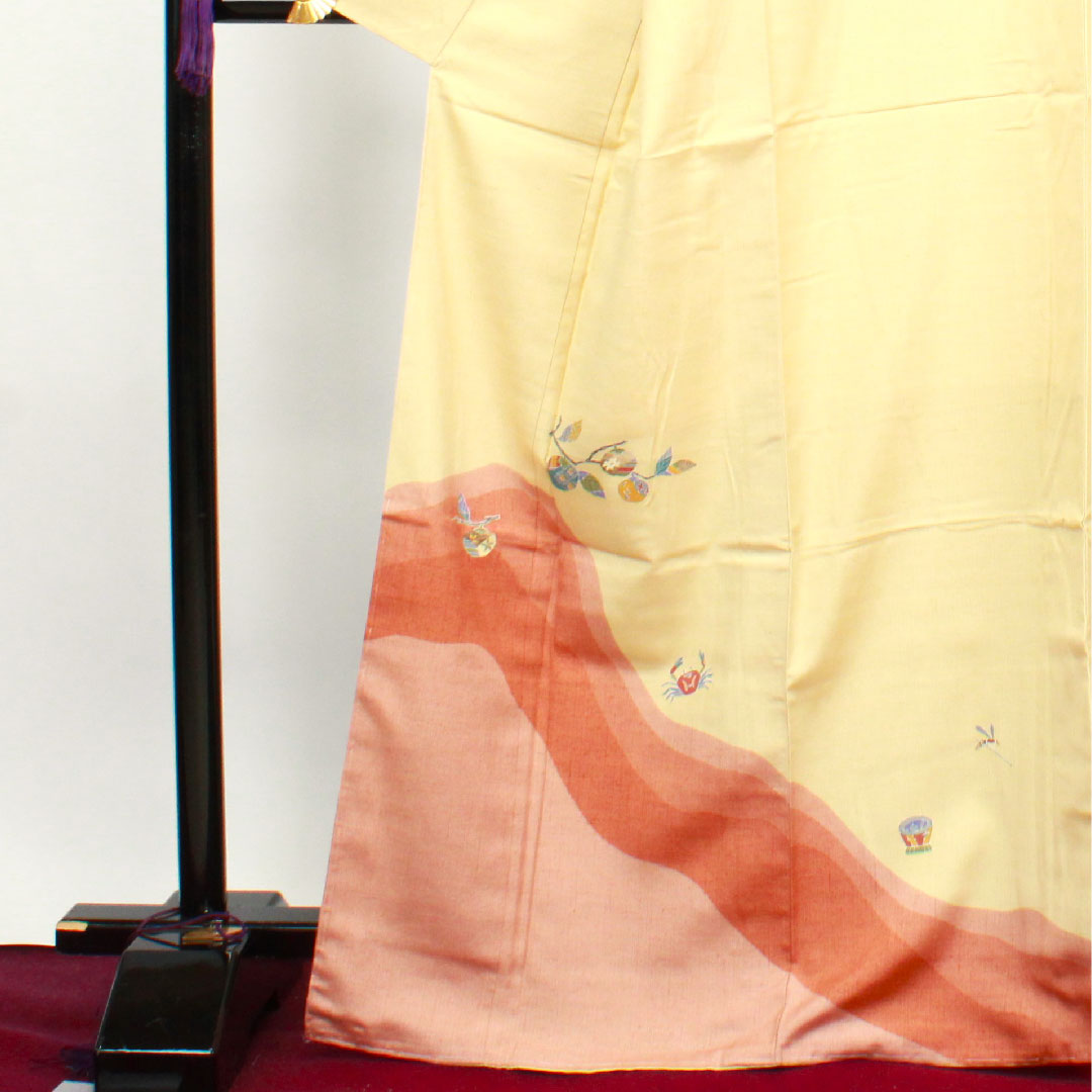 Homongi, lined, length 169cm, sleeve length 69cm, light egg color, Monkey and Crab Battle, pongee fabric, pure silk, S rank, cream color, 1112002612515