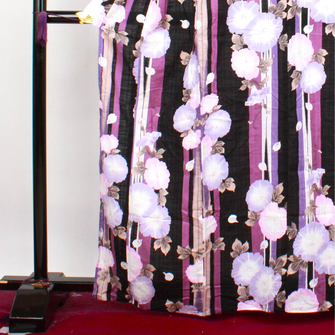 浴衣 黒色 朝顔 木綿 Sランク 単衣 身丈163.5cm 裄丈62.5cm 黒系 1118004092410