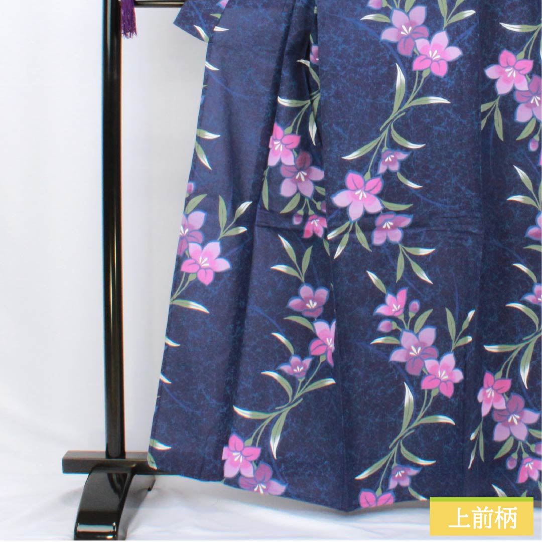 Cotton Yukata, Length 163cm, Sleeve Length 66cm, S Rank, Single Layer, Navy Blue, Gentian Pattern, 1118006432418