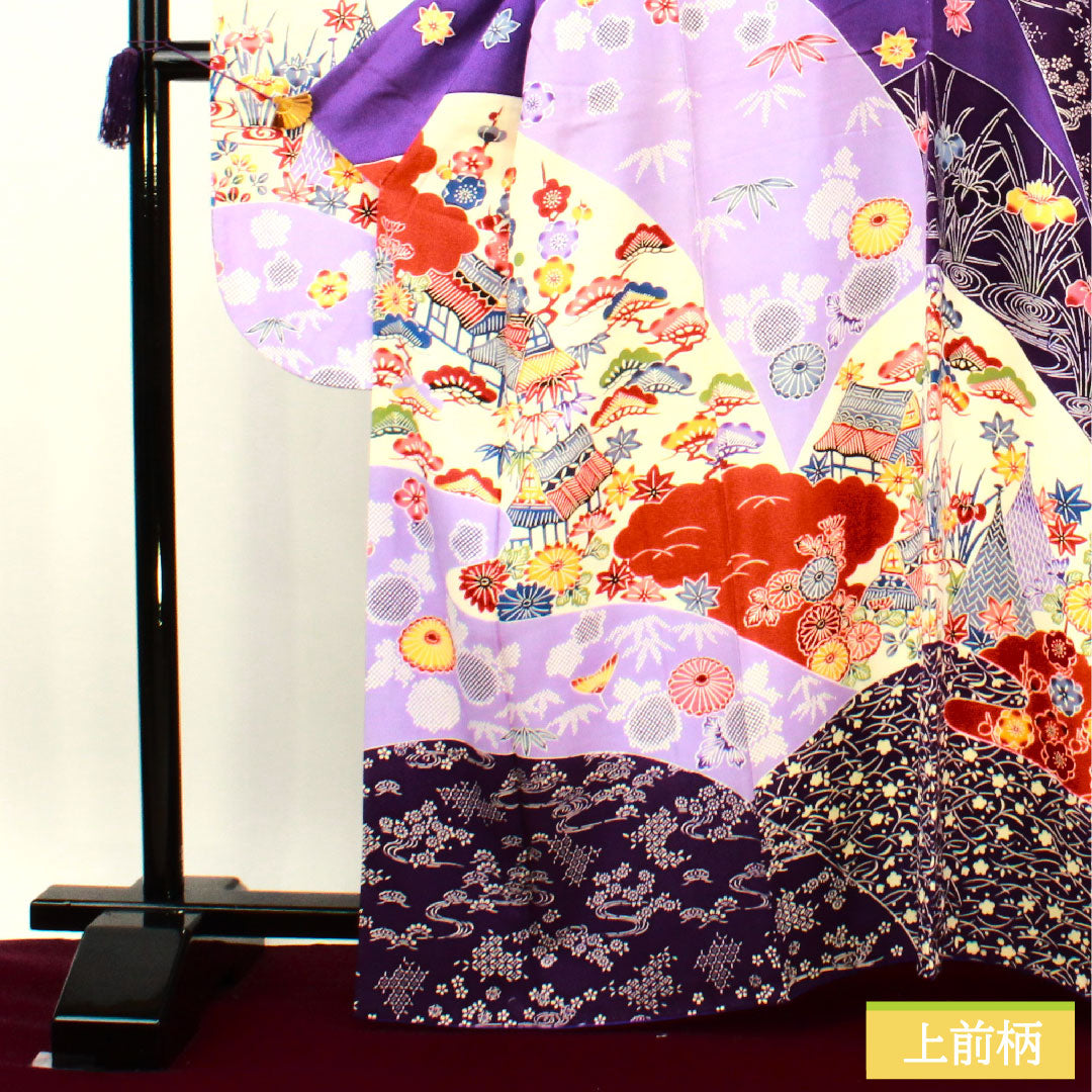 Furisode (long-sleeved kimono) made of pure silk, length 164.5cm, sleeve length 66cm, lined, bellflower color, violet color, Kyoto Bingata, auspicious motif, half-collar, B rank, purple, 1113002014420