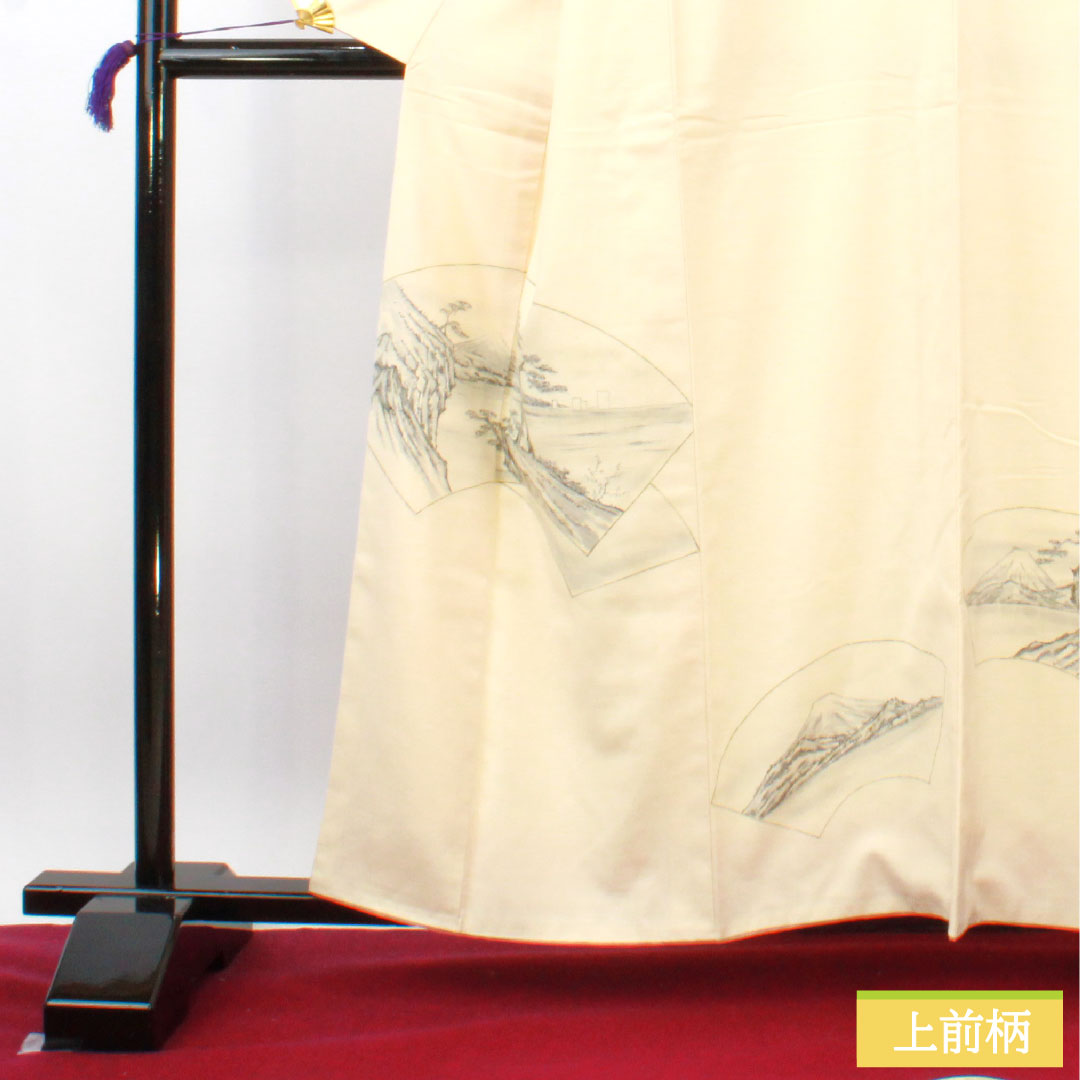 彩色留袖、纯丝、长度 159.5 厘米、袖长 65.5 厘米、里料、Neriiro(Neri-iro)、春亚纺、手绘友禅、富士山、A 级、奶油色、1111001323315