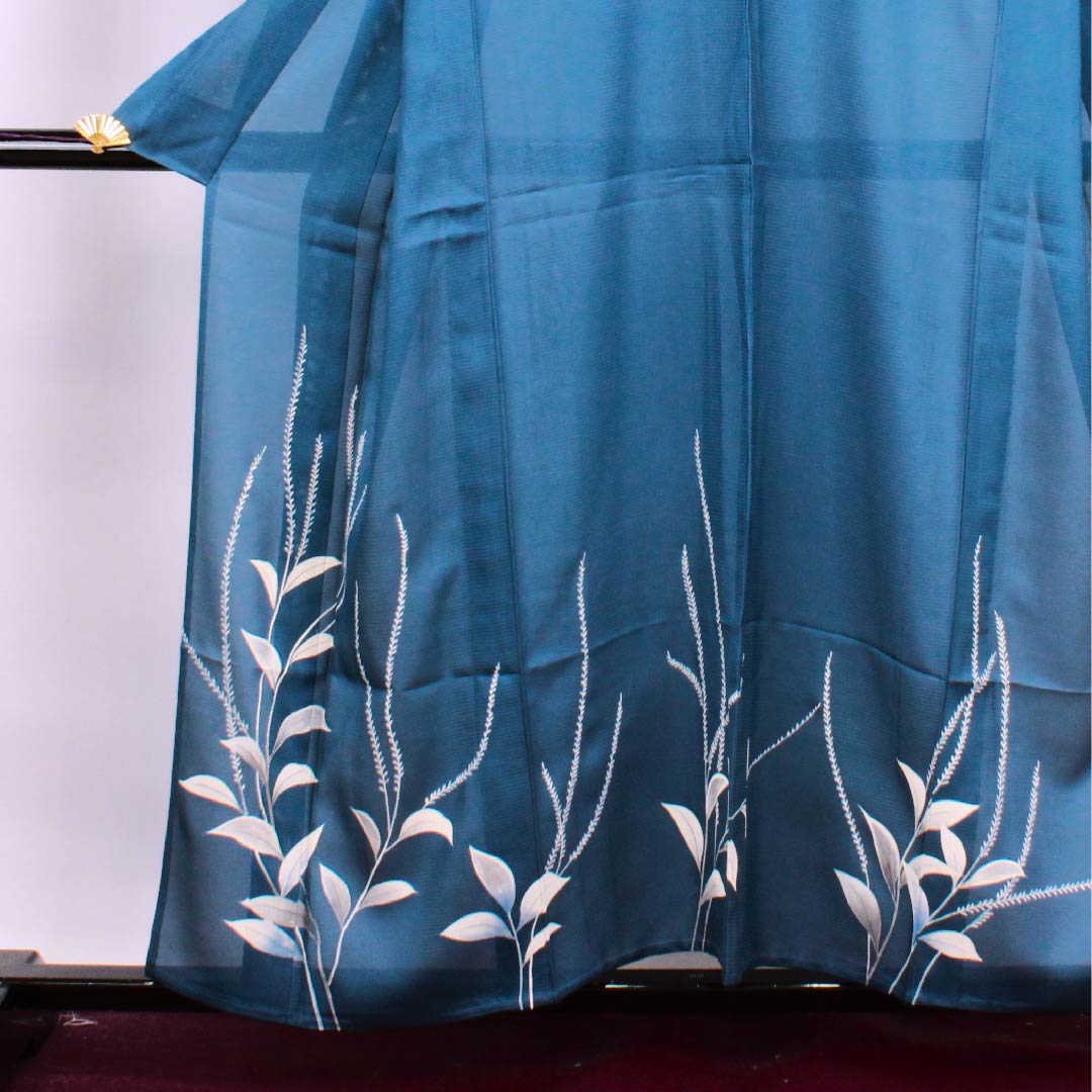 夏物 正絹 訪問着 身丈154.5cm 裄丈63.5cm 中縹色(なかのはなだいろ) 葉模様 しつけ付き 未使用品 絽 Aランク 青系 1132000353217