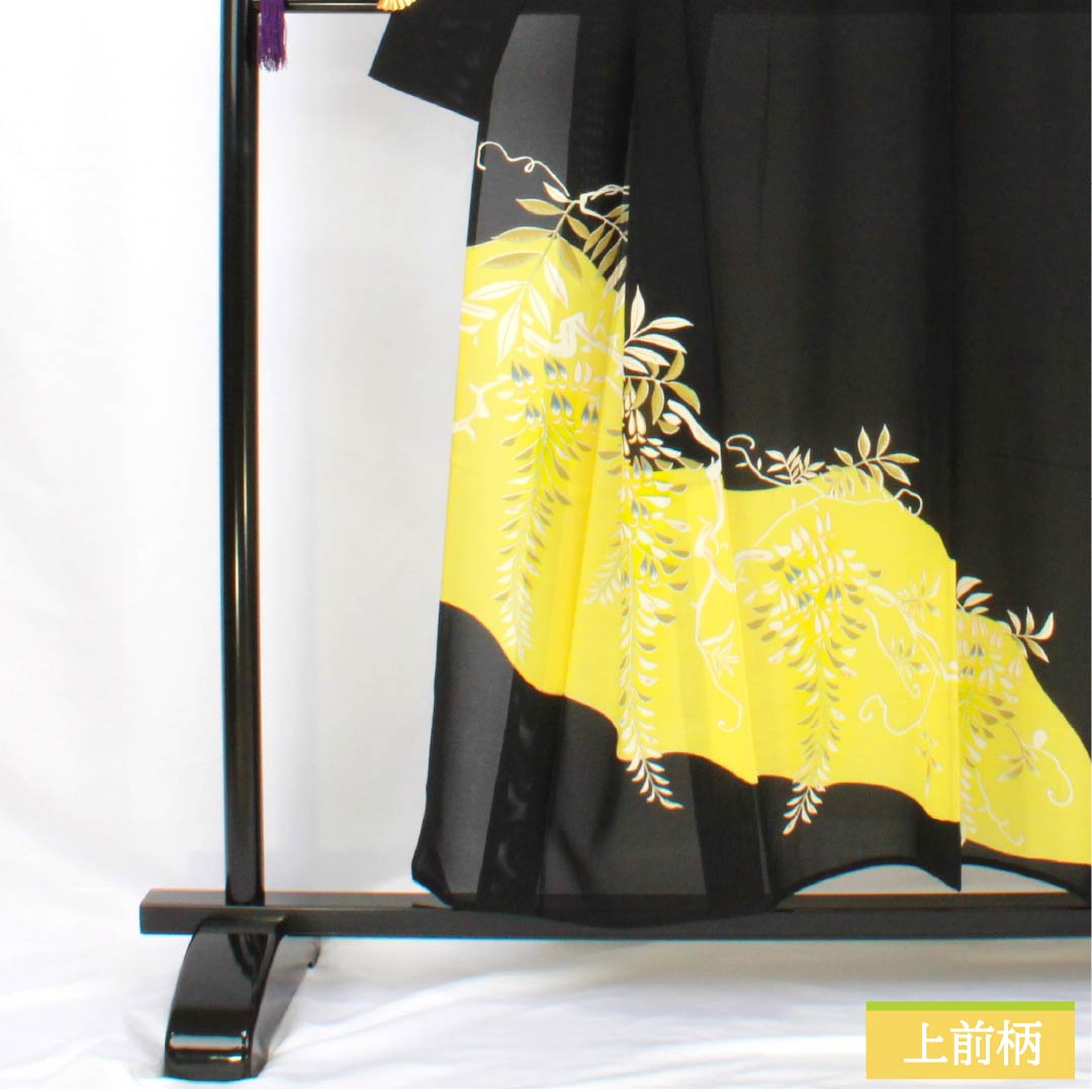 Summer pure silk black formal kimono, length 153cm, sleeve length 62cm, Kyoto yuzen, five crests, wisteria, silk, A rank, black, 1132002103210