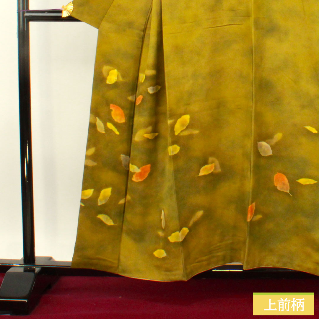 訪問着 正絹 袷 身丈157cm 裄丈66cm 青宣徳色(あおせんとくいろ) 濡れ描き 落葉模様 Aランク 緑系 1112004853319