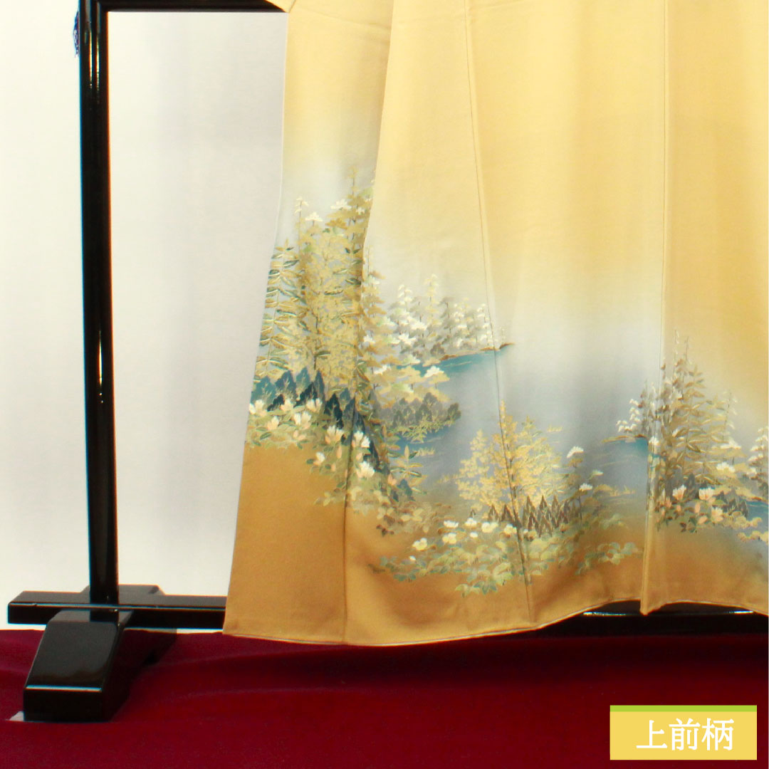 訪問着 正絹 袷 身丈158.5cm 裄丈64cm 東京白茶色 金彩加工 風景模様 Sランク ベージュ系 1112003662325