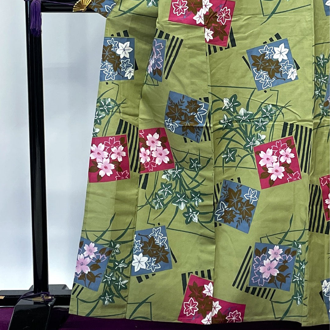 浴衣 浅青朽葉色 桜 紅葉 木綿 Sランク 単衣 身丈163.5cm 裄丈67cm 緑系 1118002262419