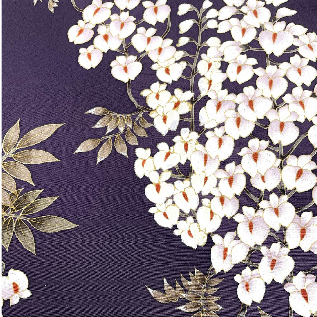 反物 小紋 正絹 紫黒色(しこくしょく) 丹後ちりめん 下り藤 花柄 NEWランク 紫系 1130001061920