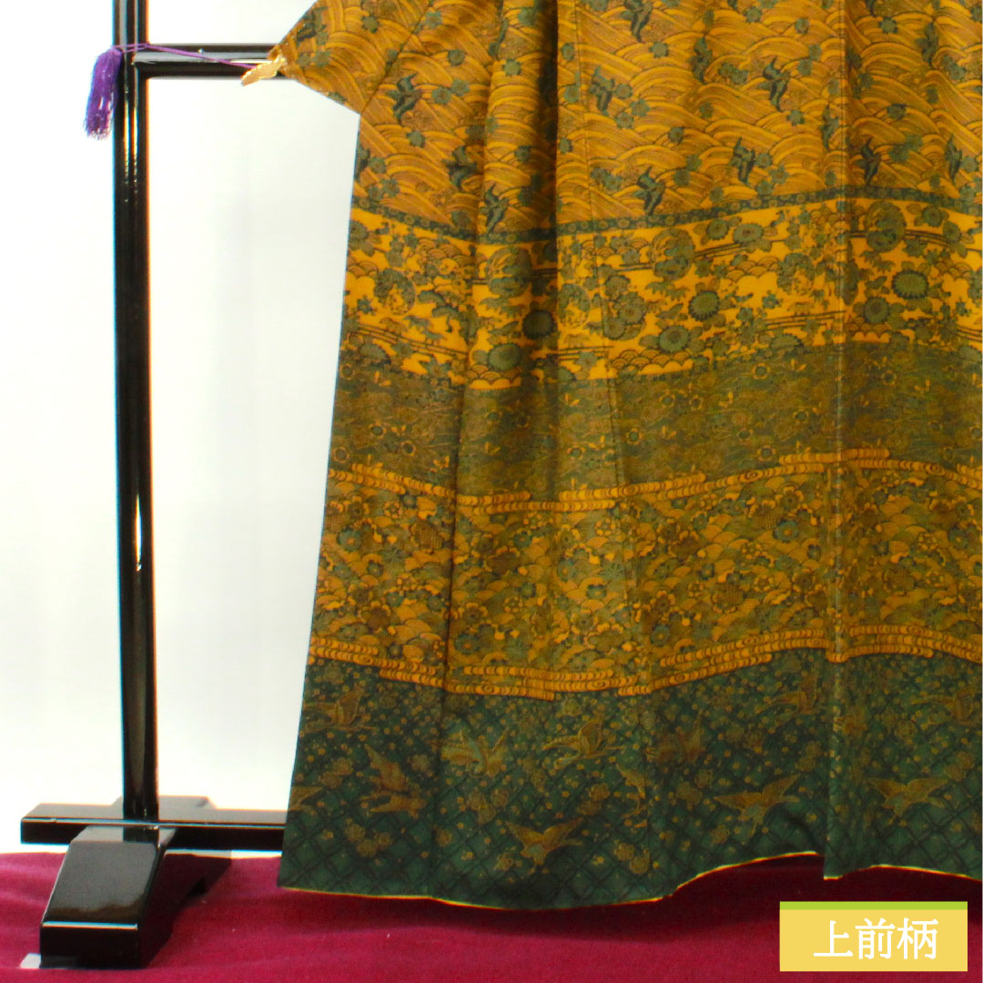 小紋 正絹 身丈161.5cm 裄丈65cm 袷 黄橡色(きつるばみいろ) 型染 吉祥文様 Sランク 黄系 1115004192423