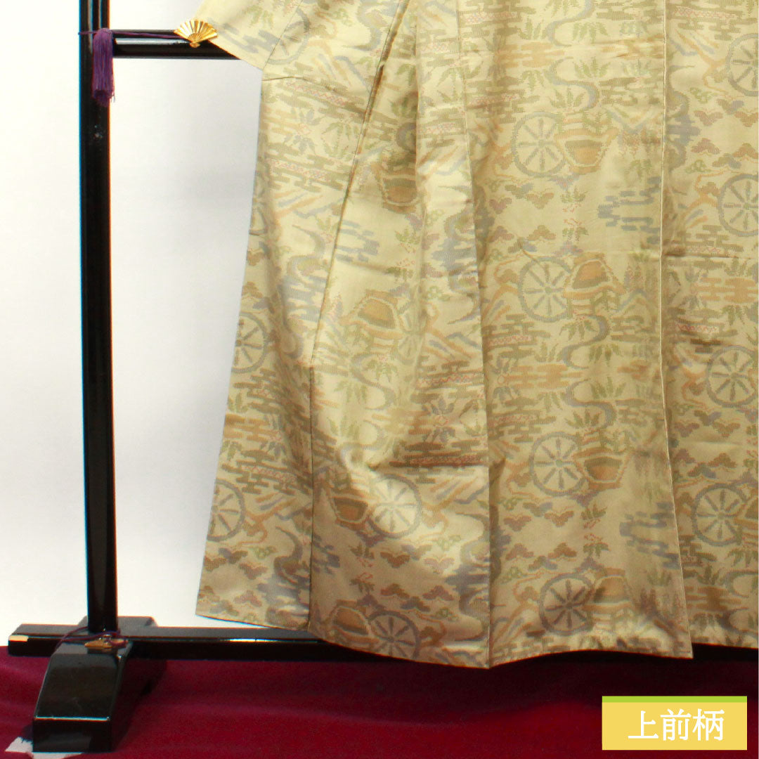 大島紬 正絹 身丈157.5cm 裄丈64.5cm 蕎麦切色 緯総絣 風景模様 Aランク 袷 ベージュ系 1116002883325