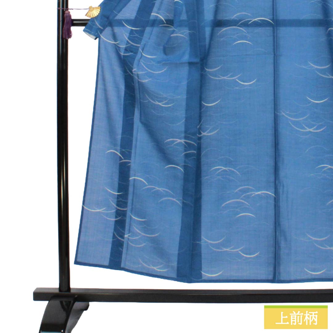 夏物 ポリエステル 小紋 Sランク 身丈153.5cm 裄丈61.5cm 露草色(つゆくさいろ) 洗える着物 露芝 紗 青系 1132005602217