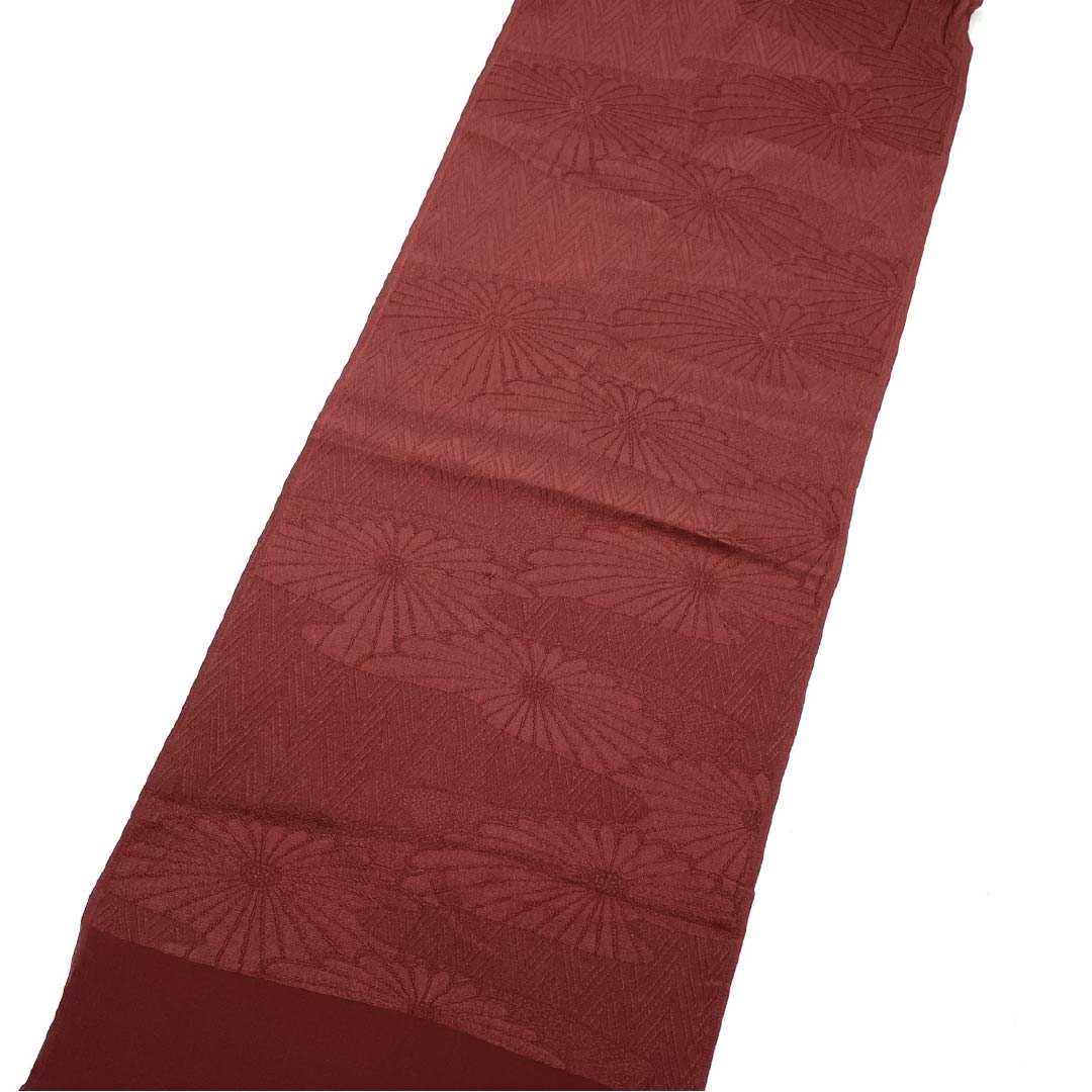 Obiage, pure silk, semi-formal, red shrimp brown, chrysanthemum, floral pattern, mountain path pattern, length 168cm, width 29cm, S rank, brown, 1136000602914