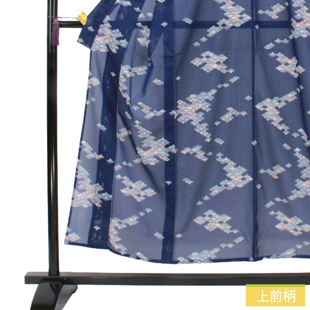 夏物 ポリエステル 小紋 Sランク 身丈152.5cm 裄丈64cm 紺桔梗色(こんききょういろ) 洗える着物 青海波 絽 紺系 1132007082218