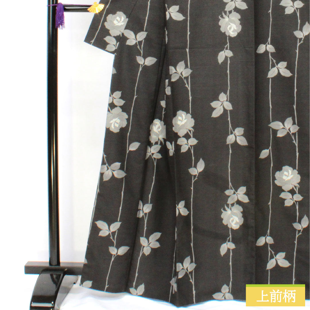 小紋 ポリエステル 身丈163.5cm 裄丈66.5cm 袷 墨黒色(すみぐろいろ) 洗える着物 バラ Sランク 黒系 1115004942410
