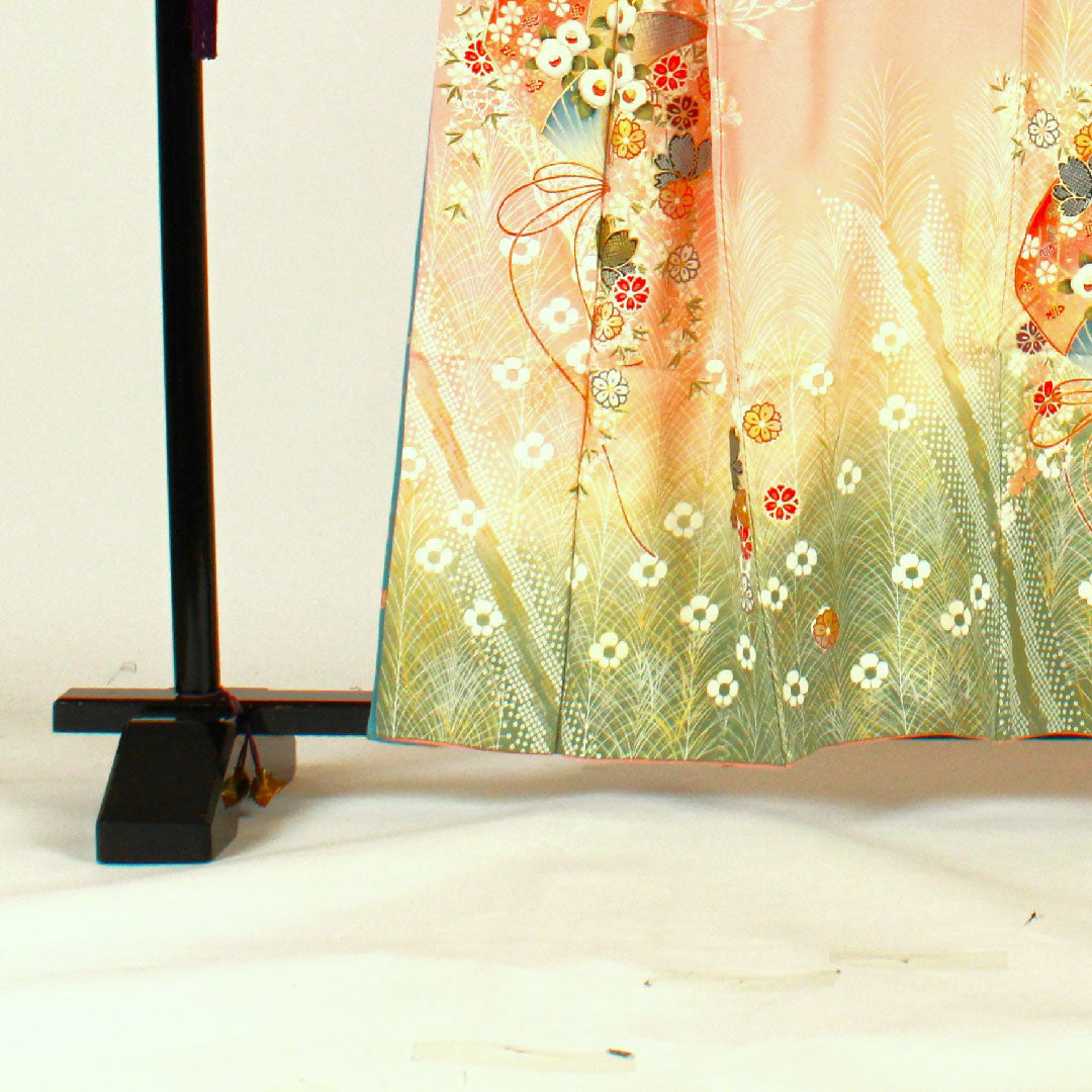 Homongi, lined, length 160cm, sleeve length 66cm, Kyoto Yuzen, phoenix, auspicious motif, pure silk, A rank, pink, 1112001073413